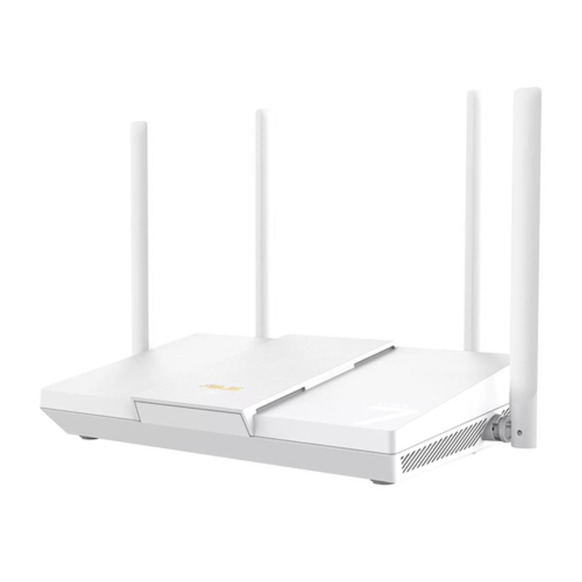 Un router Wi-Fi bianco con quattro antenne su sfondo bianco.