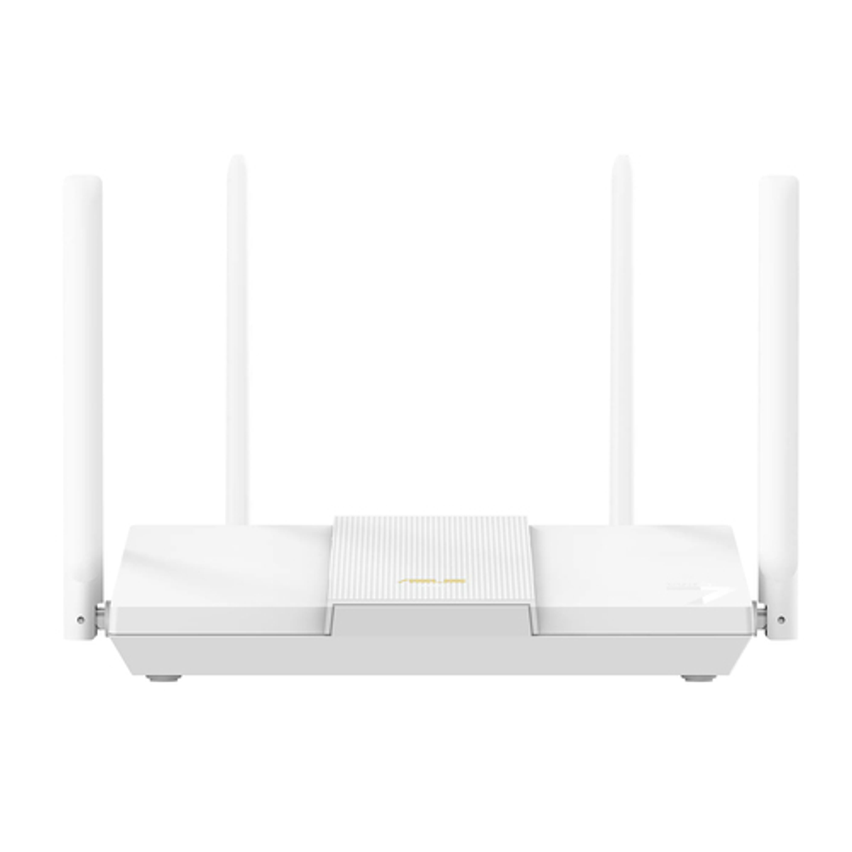 Un router bianco con quattro antenne su sfondo bianco.