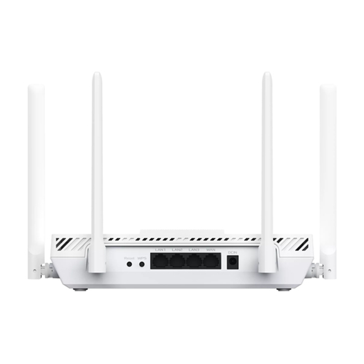 Router bianco con quattro antenne, mostra le porte LAN e WAN sul retro.