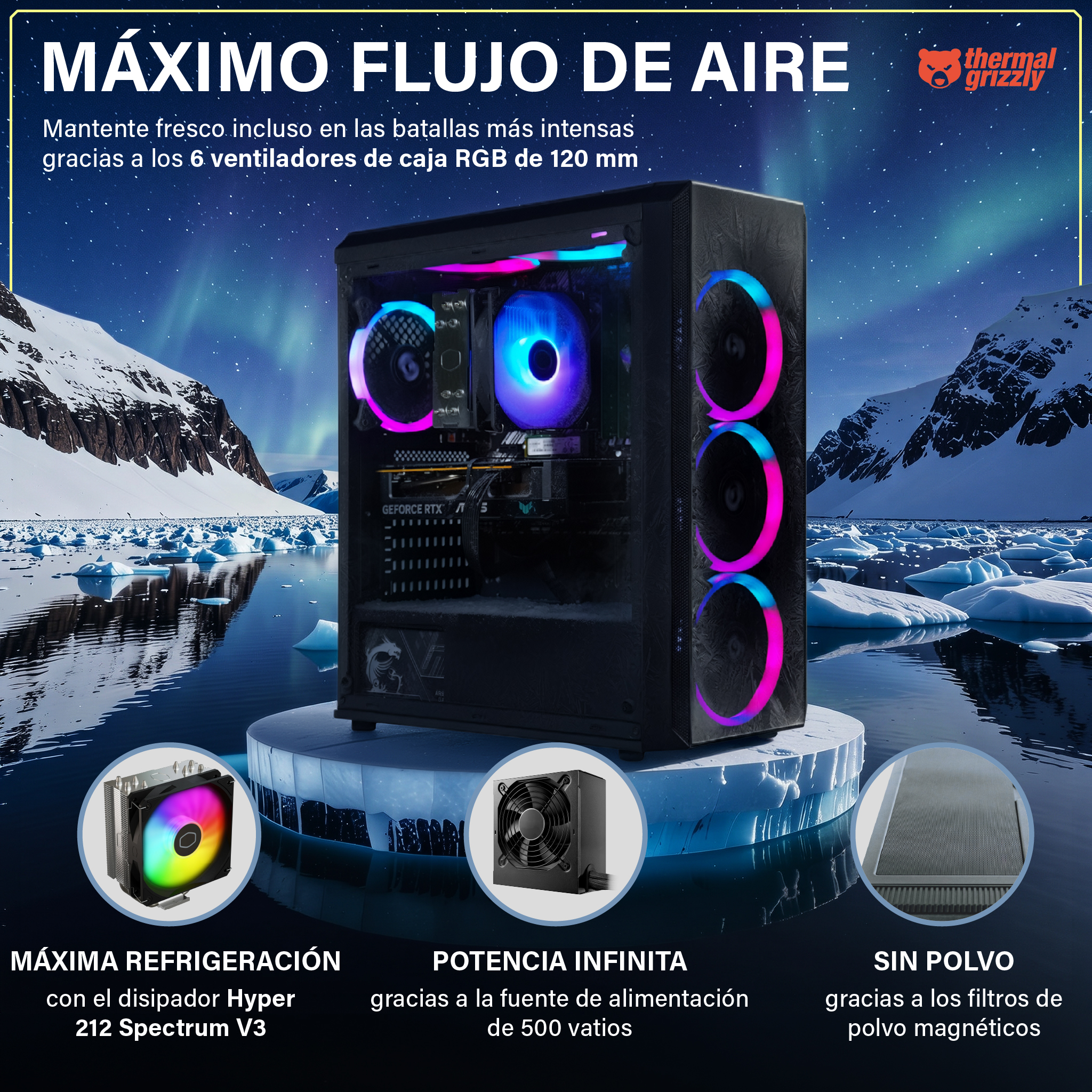 Una caja de PC con ventiladores RGB ante un paisaje helado con aurora boreal.