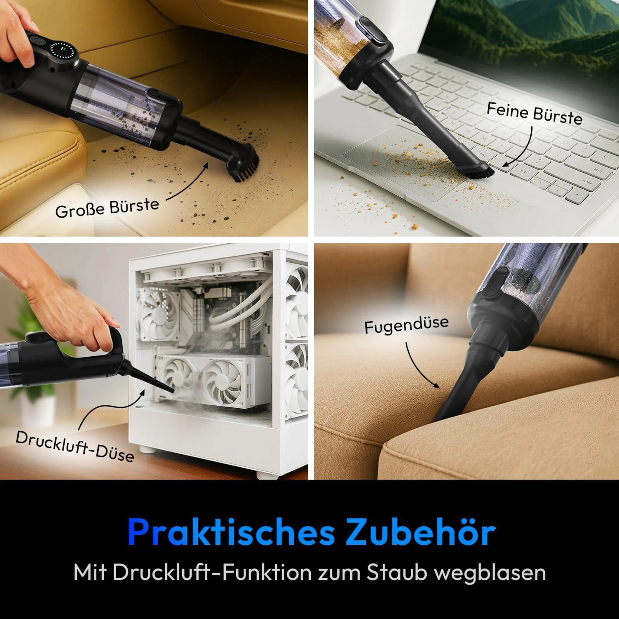 Vier Aufnahmen: Staubsauger reinigt Auto, Laptop, PC, Sofa.