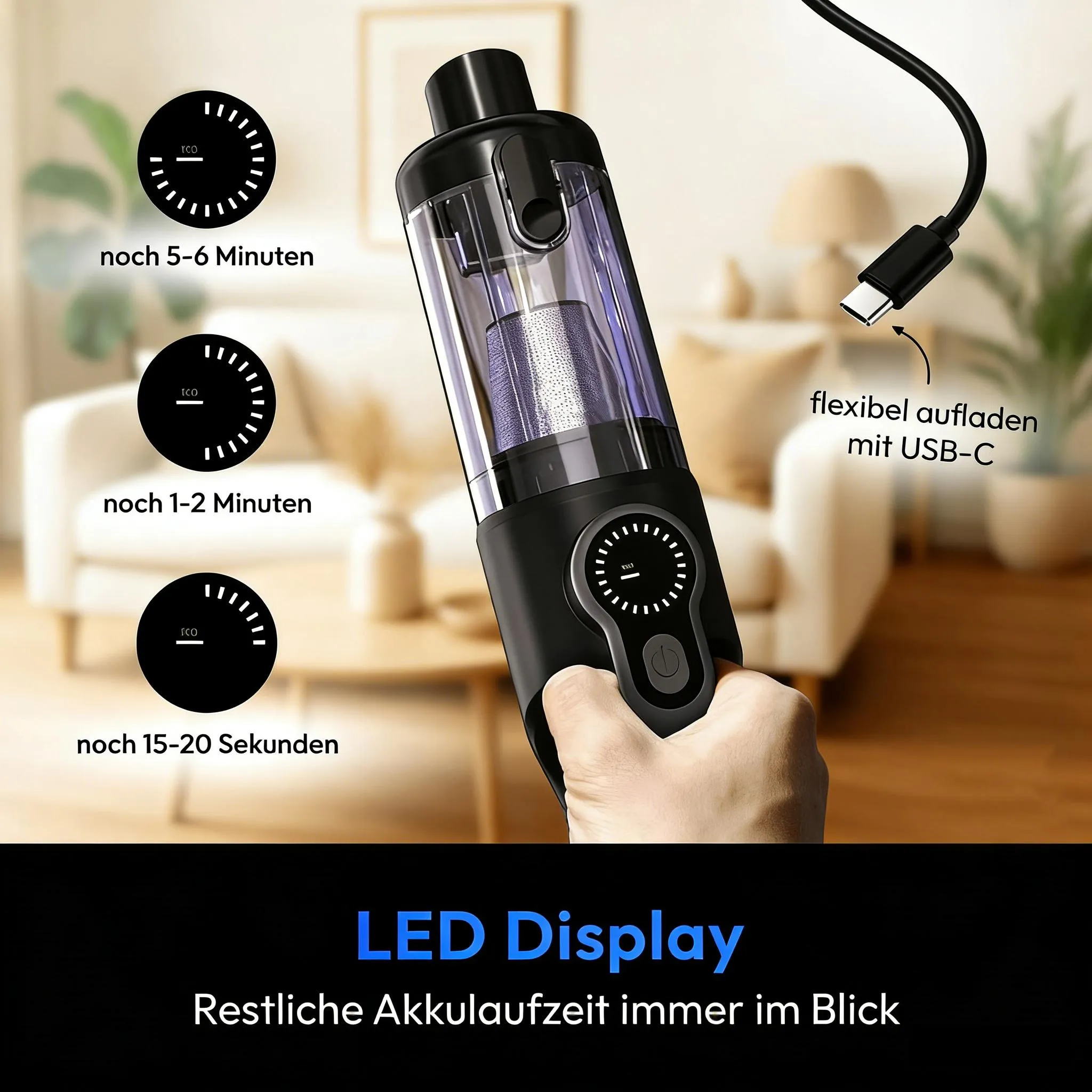 Hand hält einen schwarzen Staubsauger mit transparentem Behälter und USB-C-Anschluss.