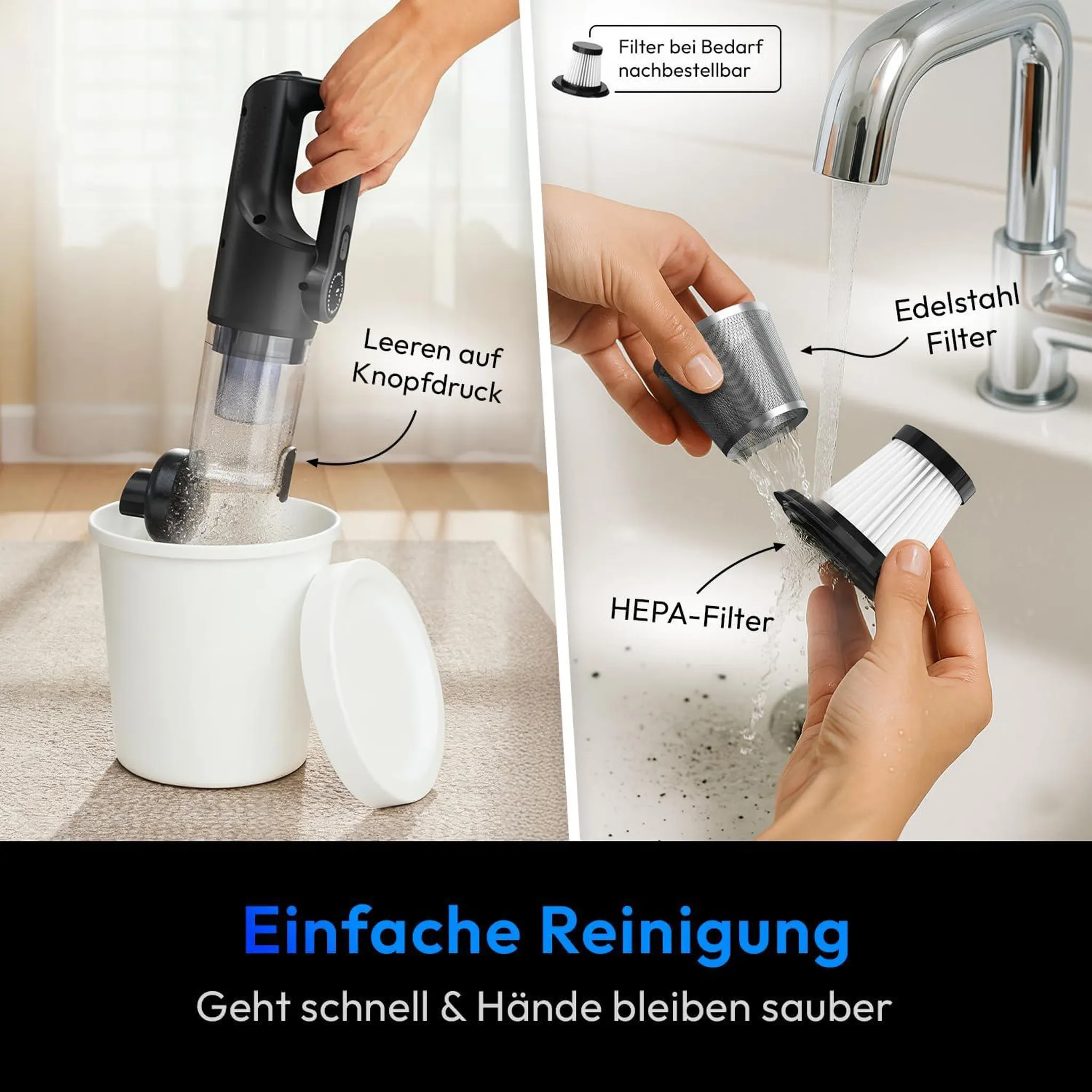 Reinigung eines Staubsaugerfilters unter fließendem Wasser mit einer Hand.