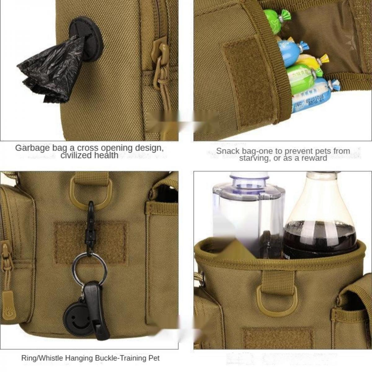 Vier Nahaufnahmen einer beigefarbenen Utility-Tasche, die einen Müllbeutelspender, bunte Snacks, eine Pfeife und Flaschen zeigen.