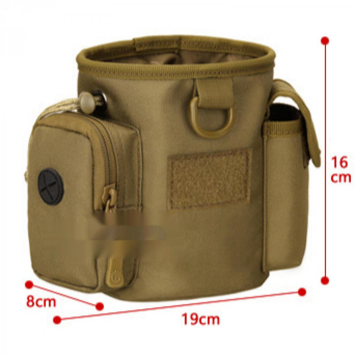 Eine khakifarbene taktische Tasche mit Messungen von 19x8x16cm.