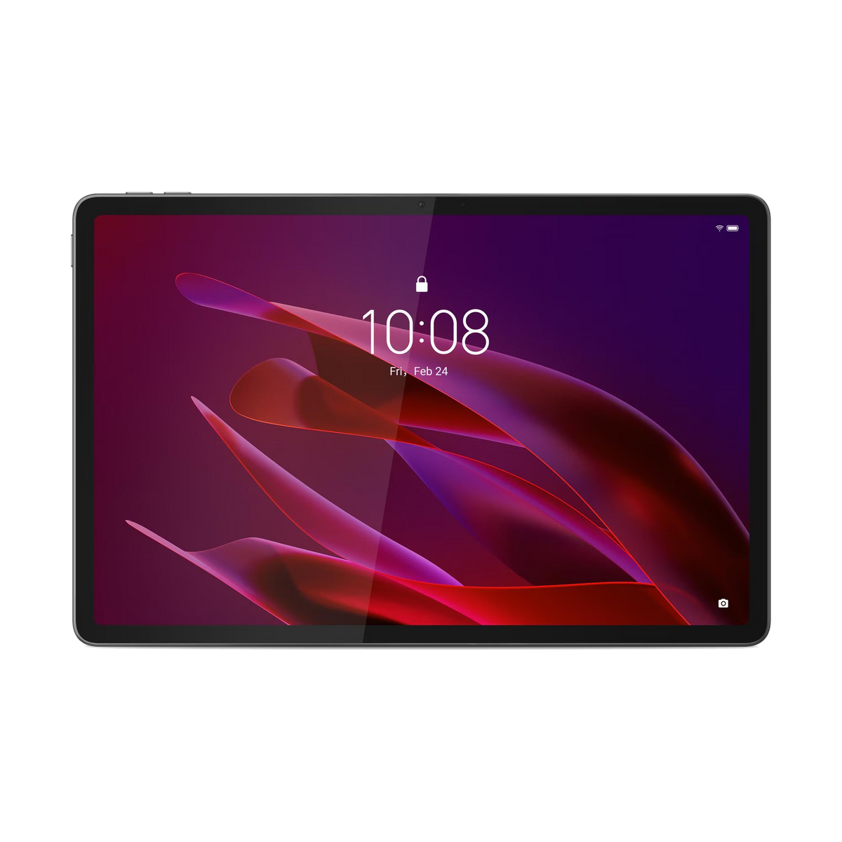 Un tablet con sfondo viola scuro e forme rosse. L'ora è 10:08.