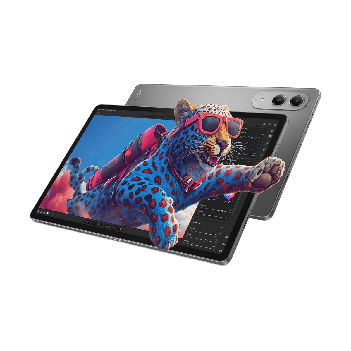 Un leopardo blu con macchie rosse e occhiali da sole vola con zaino.