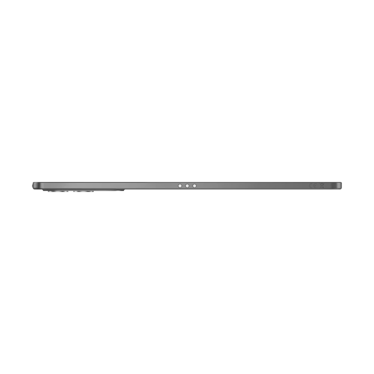 Un tablet grigio giace su sfondo nero. Sono visibili tre punti.