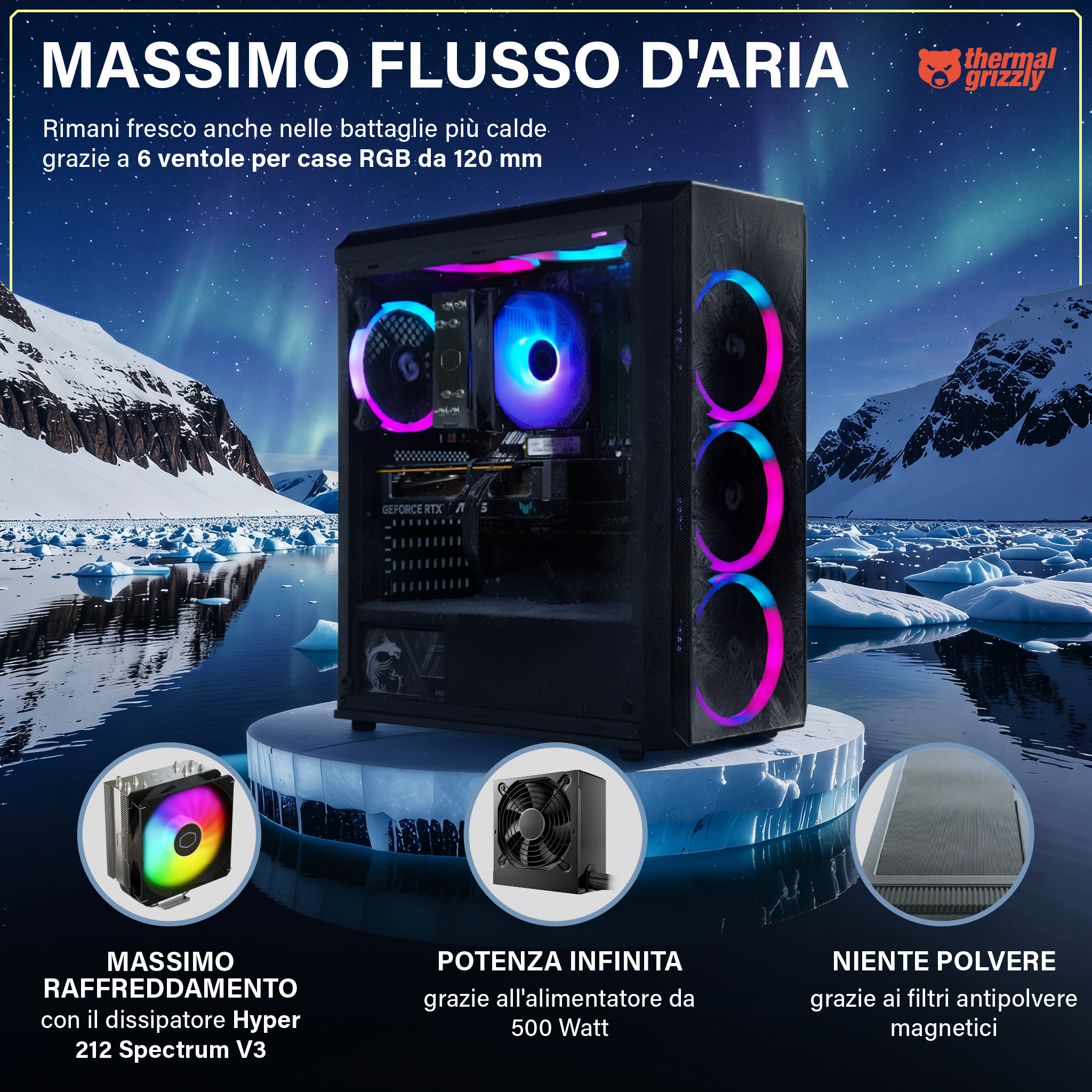 Un case PC con ventole RGB in un paesaggio ghiacciato con aurora boreale.