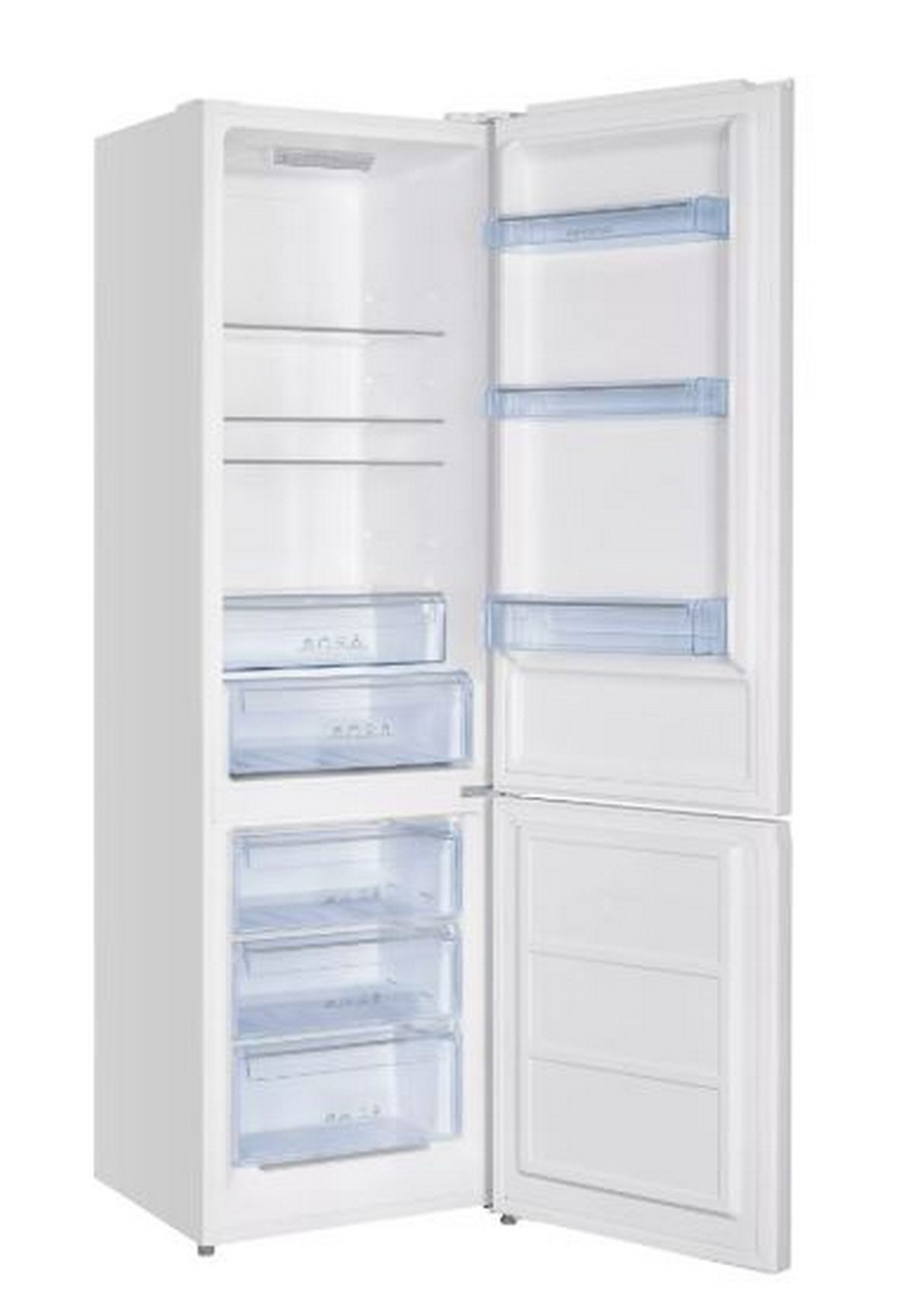 Un refrigerador blanco abierto con múltiples estantes y cajones.