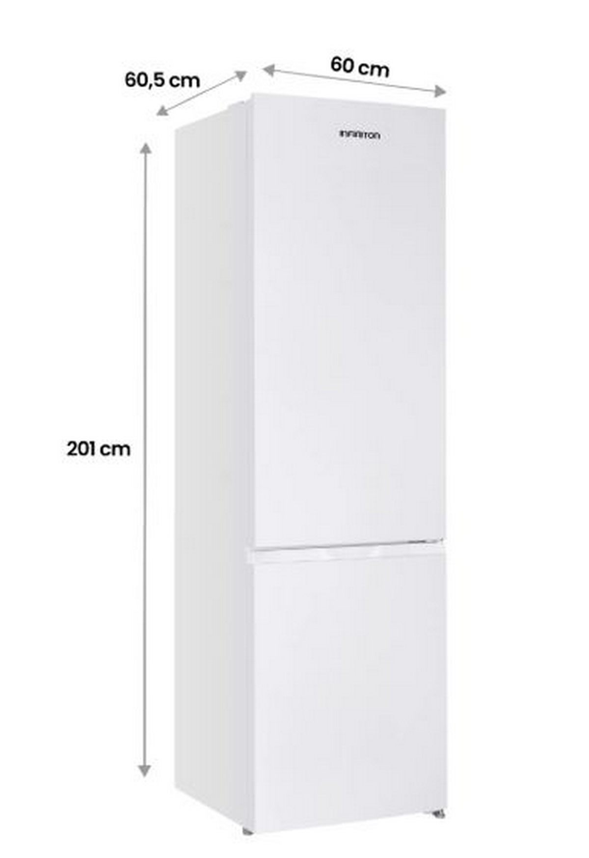 Un refrigerador blanco con dimensiones de 201x60,5x60 cm.