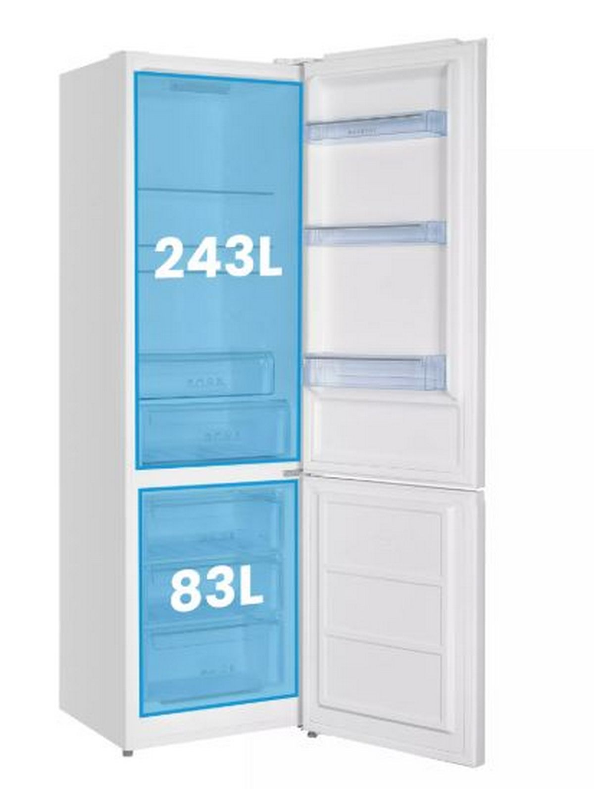 Un refrigerador blanco con la puerta abierta, mostrando 243L de congelador y 83L de nevera.