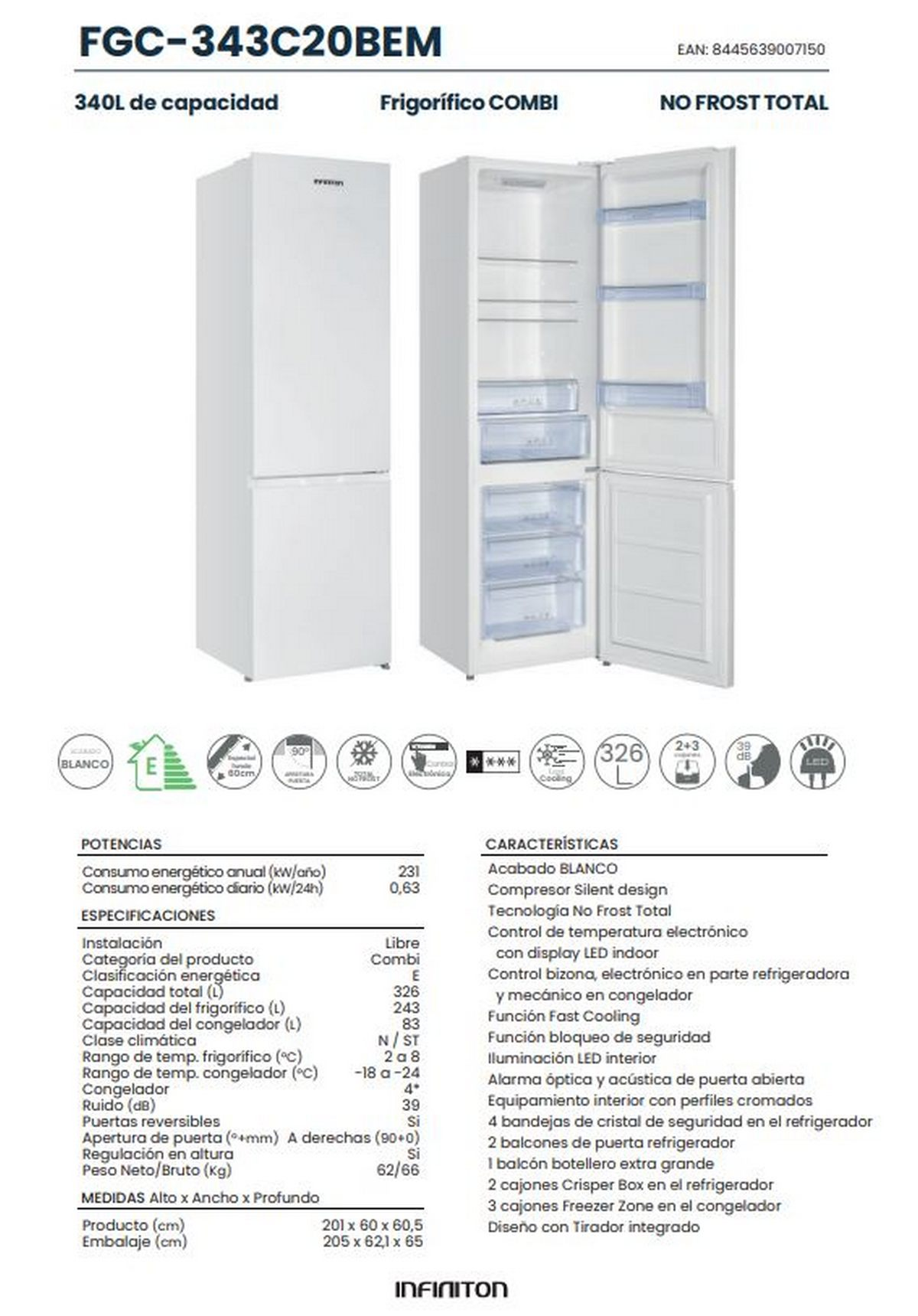 Frigorífico-congelador Infiniton FGC-343C20BEM blanco, abierto mostrando estantes y cajones.