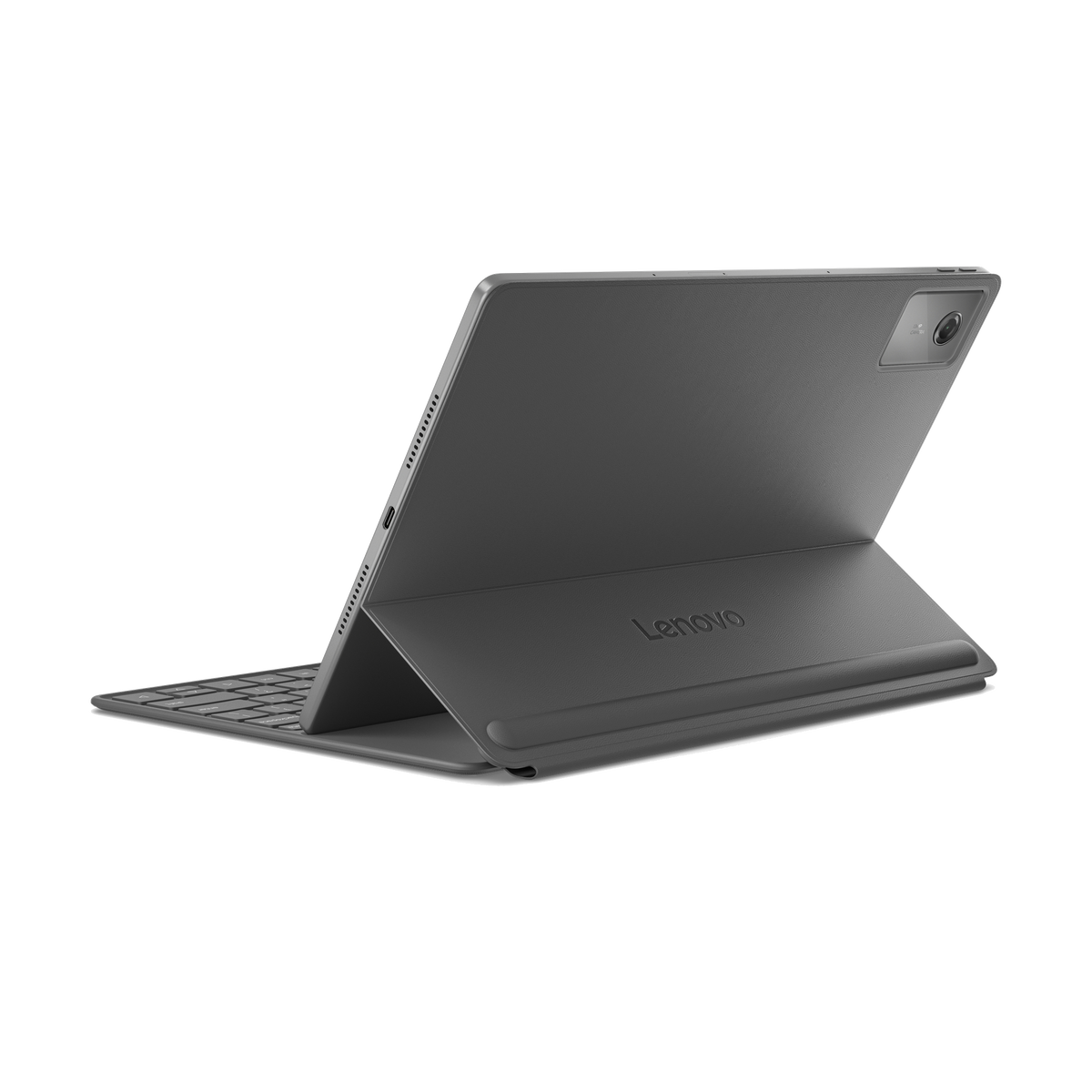 Tablet Lenovo grigio con cover tastiera, mostrato da dietro e angolato.