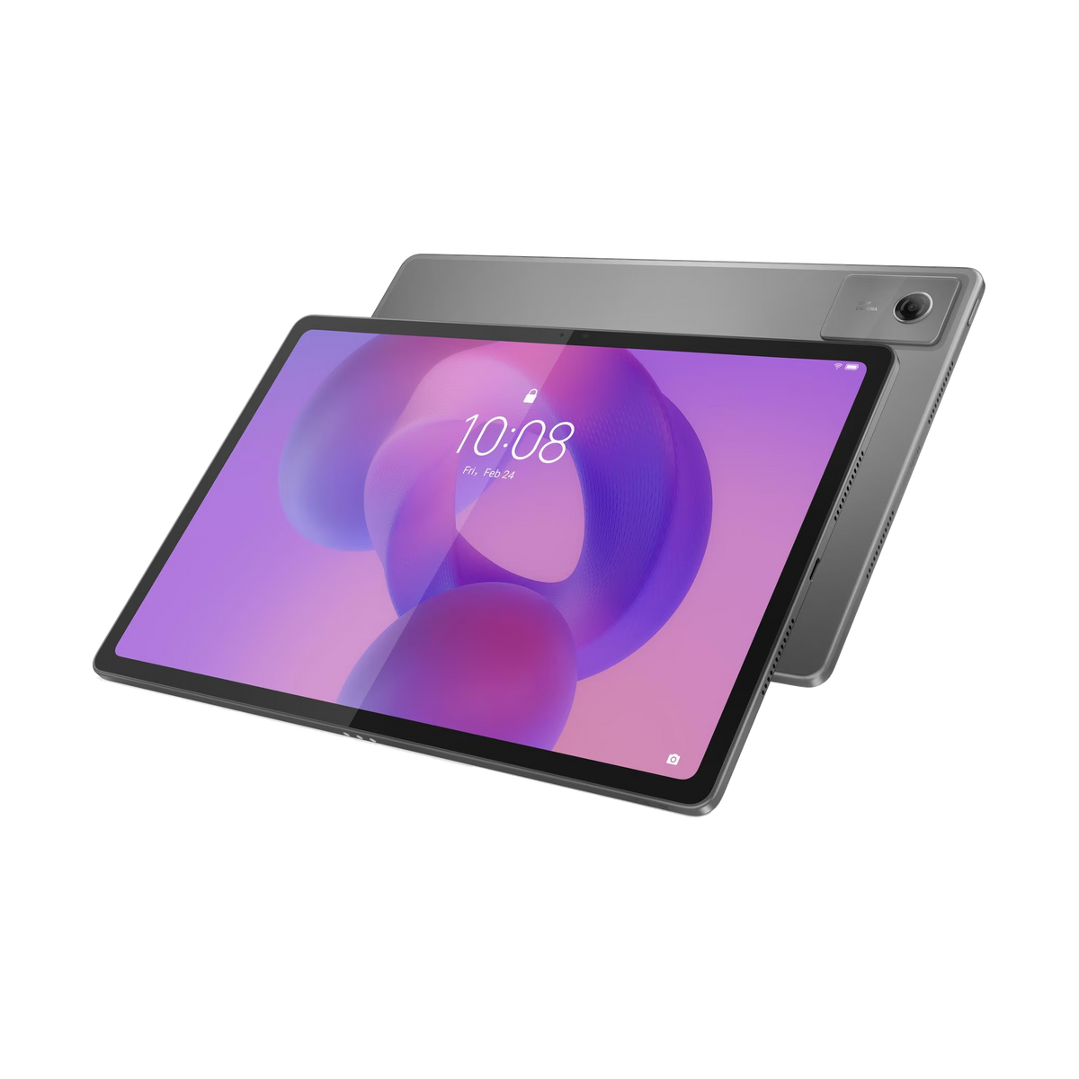 Un tablet grigio con sfondo viola e rosa che mostra l'ora 10:08 e la data Ven, 24 feb, è angolato su uno sfondo nero.