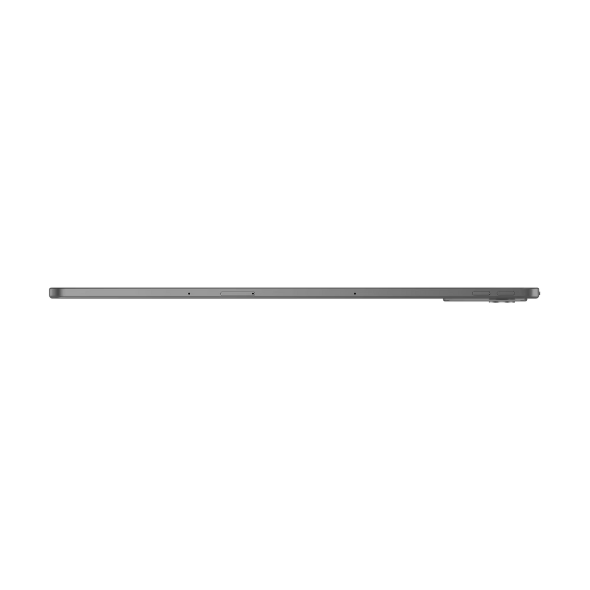 Tablet grigio in orizzontale con pulsanti e porte visibili.