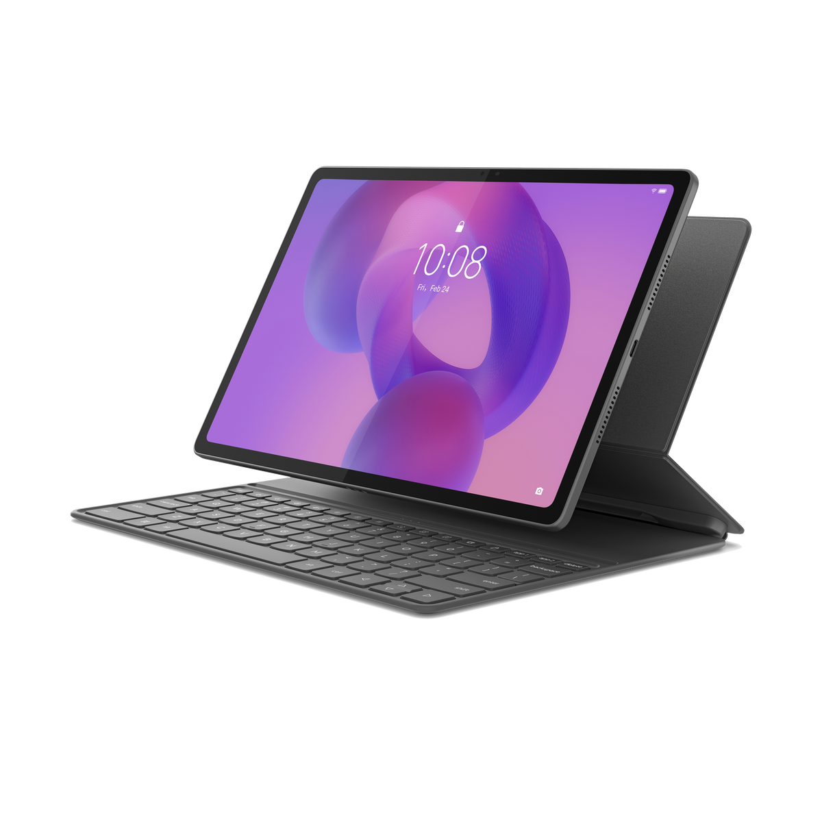 Un tablet grigio con tastiera e sfondo sfumato viola. 10:08