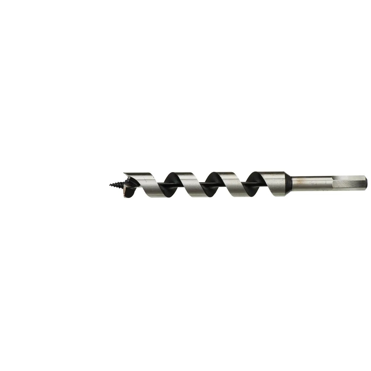 Spiral oluklu ve vidalı uçlu metal matkap ucu.
