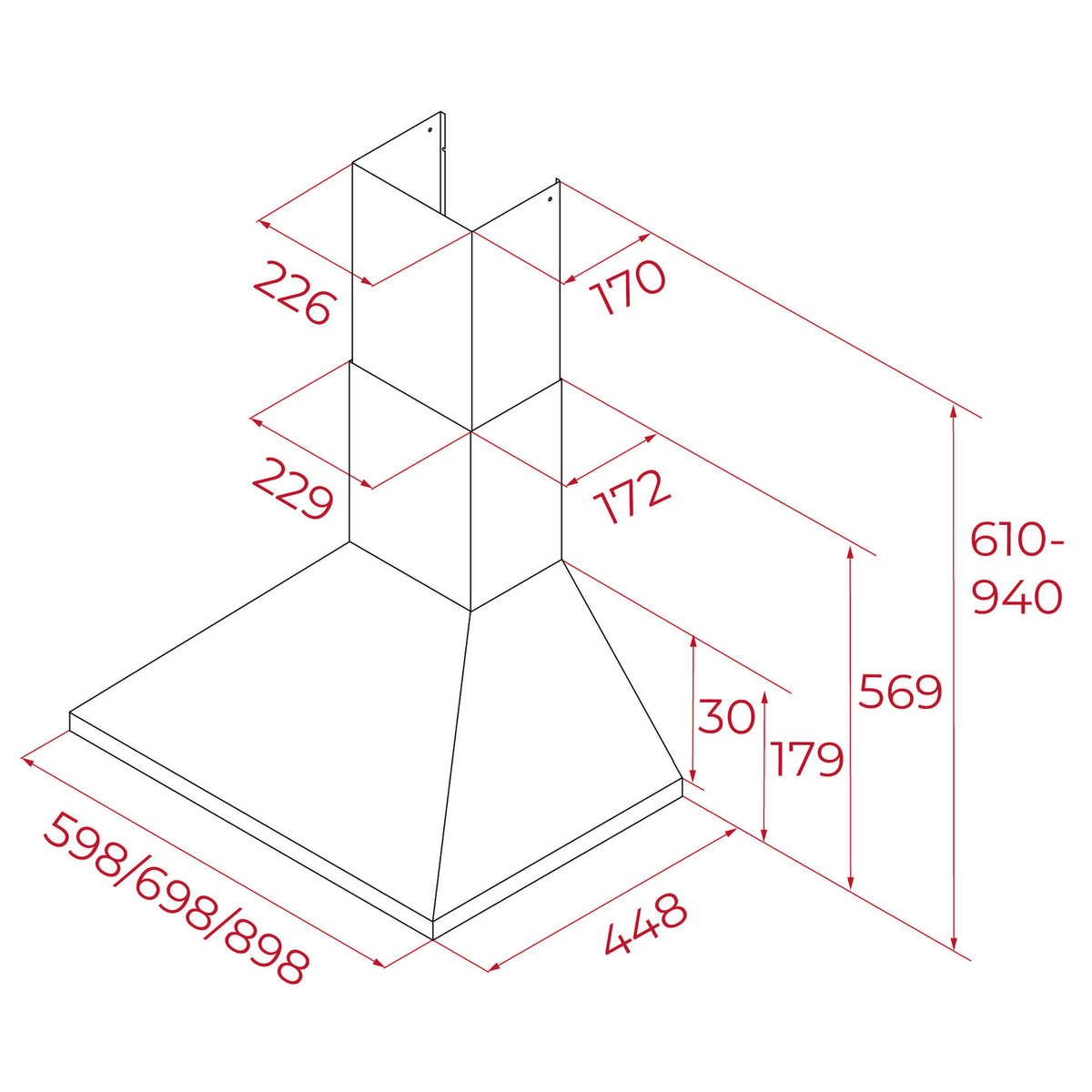 Dibujo técnico de una campana extractora con dimensiones.