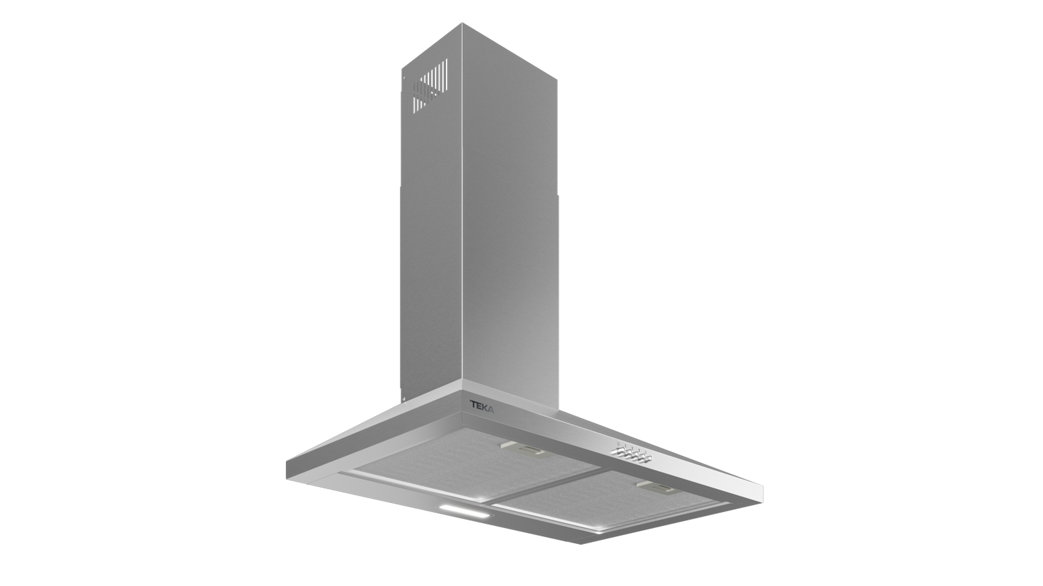 Una campana extractora moderna de acero inoxidable con chimenea rectangular.