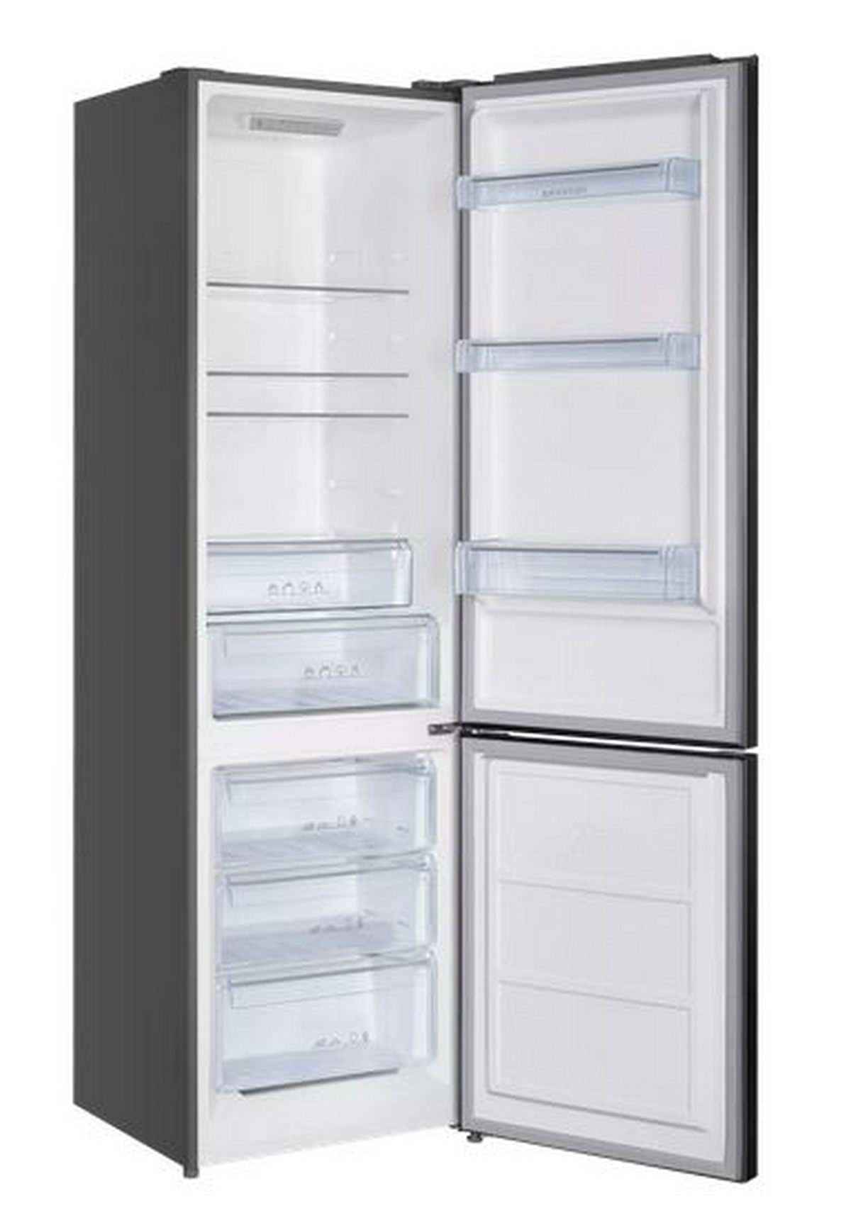 Un refrigerador abierto, gris oscuro, con estantes interiores blancos y cajones transparentes.