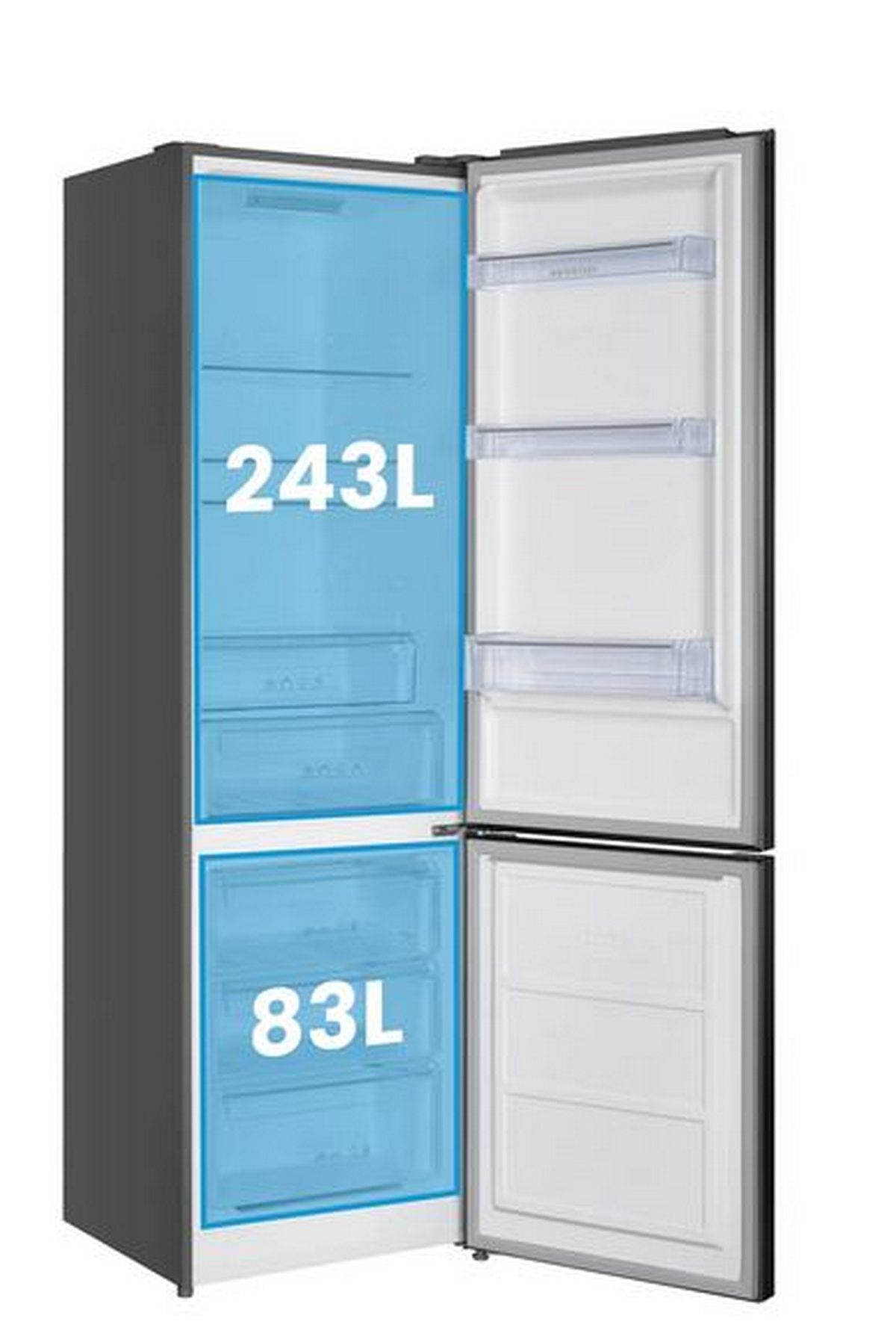 Refrigerador abierto con sección de congelador de 243L y cajones de 83L.