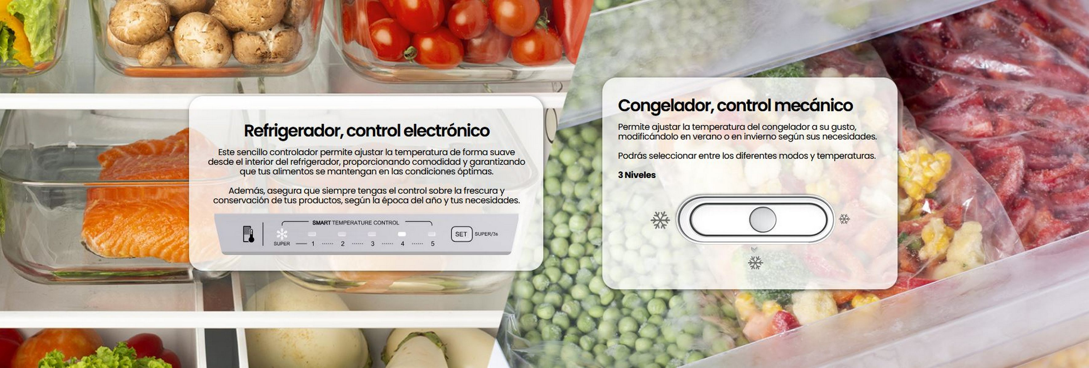 Refrigerador con control electrónico y congelador con control mecánico.