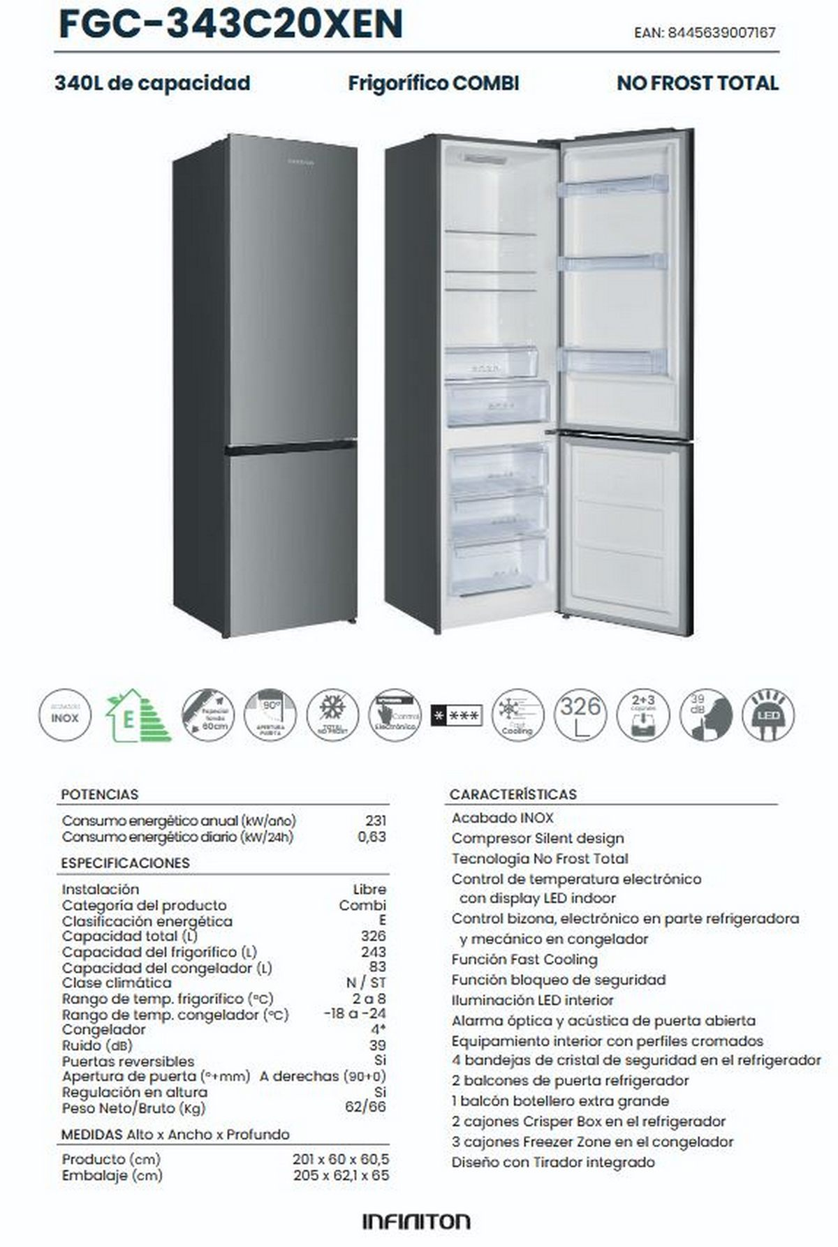 Refrigerador gris de dos puertas, una abierta, con especificaciones técnicas e iconos.