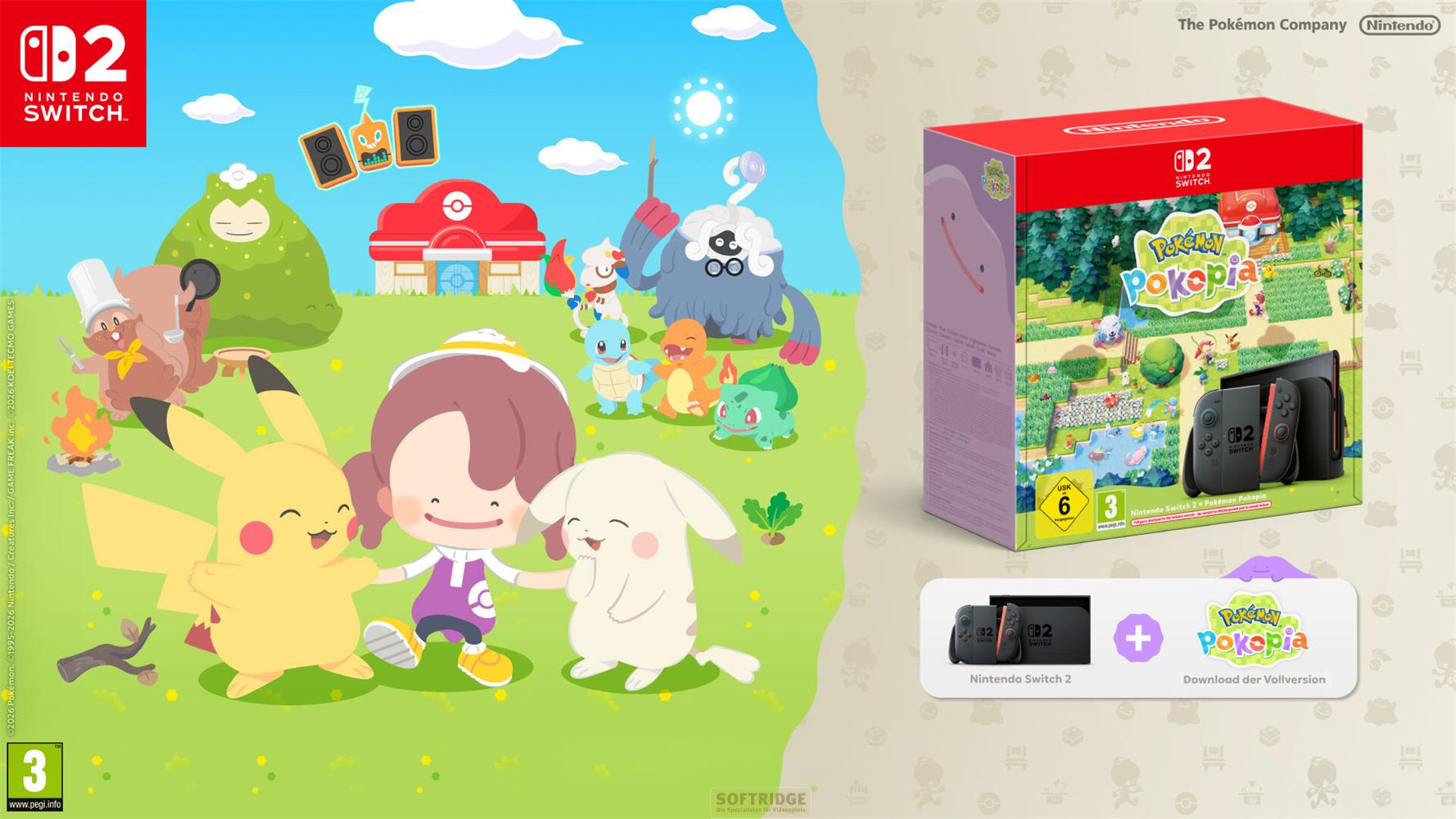 Motivo de Pokémon en embalaje de Nintendo Switch con personajes y caja de juego.