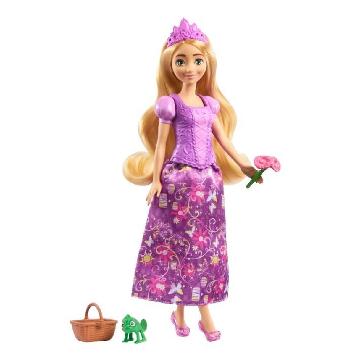 Rapunzel-pop met bloemen en mand, draagt een paarse jurk en kroon.