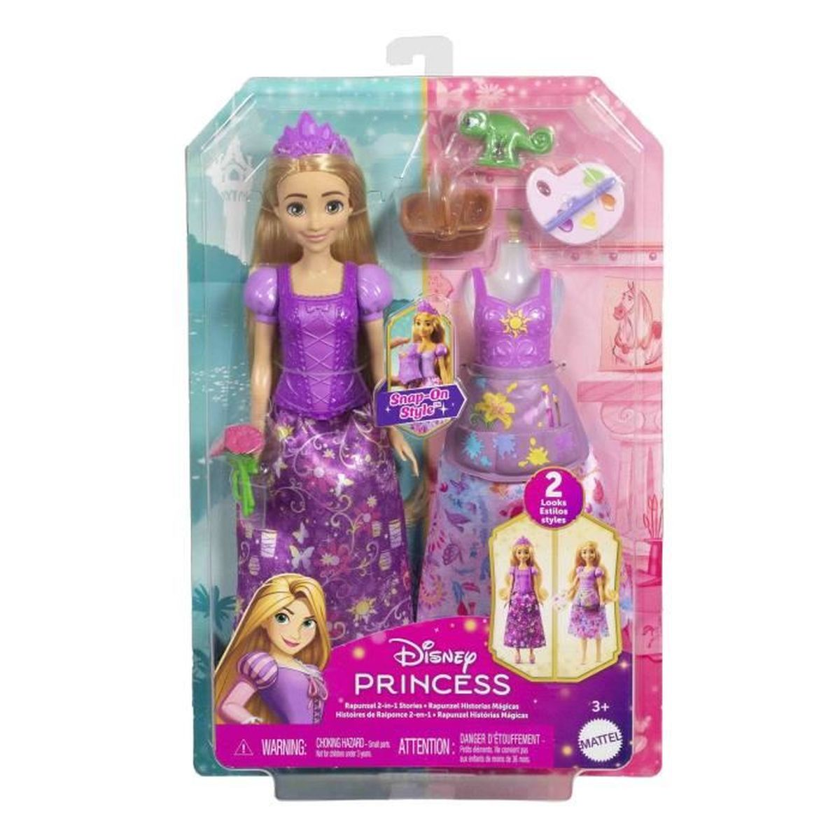 Rapunzel-pop in doos met accessoires, paarse jurk, kroon, bloemen en palet.