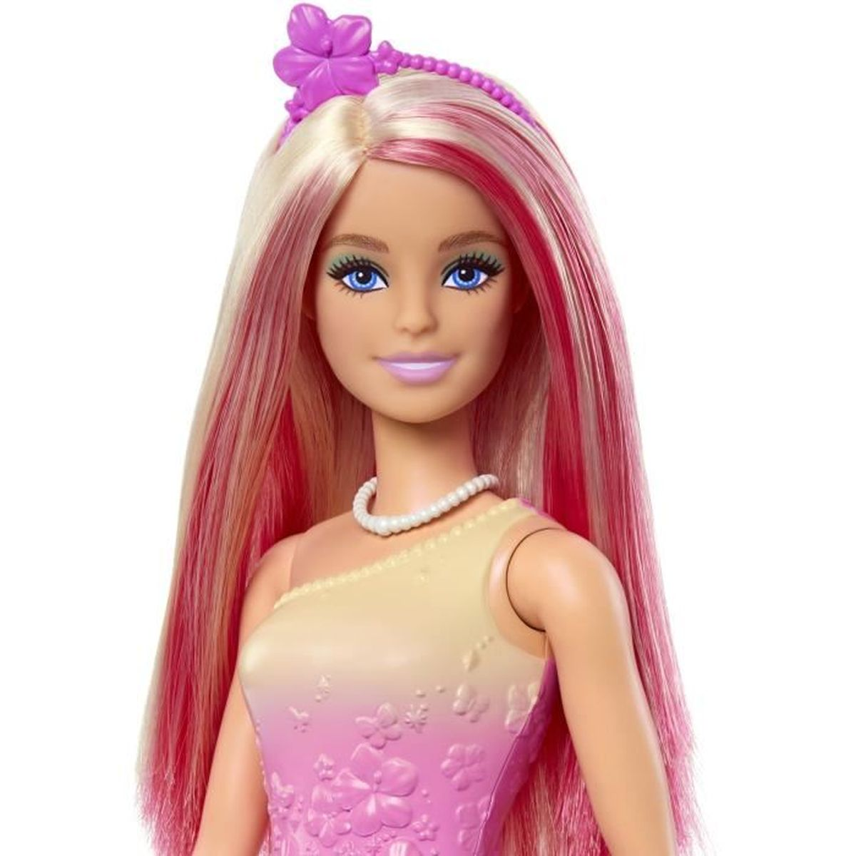 Barbie pop met blond haar met roze highlights, blauwgroene ogen en paarse lippen.