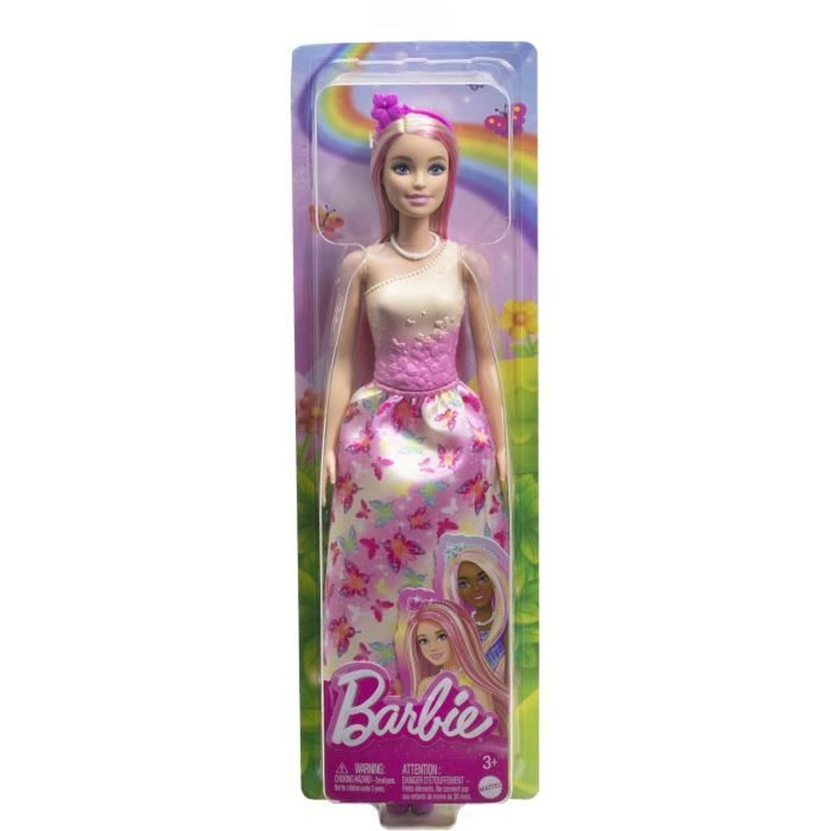 Barbie pop in roze jurk met vlinderpatroon, in verpakking met regenboog.