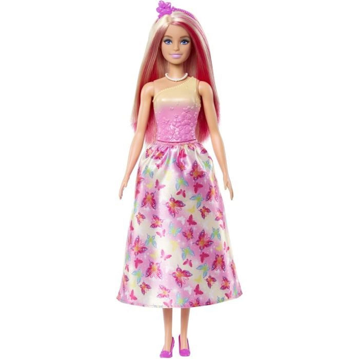 Barbie pop met lang blond en roze haar, draagt een roze jurk met vlinderpatroon.