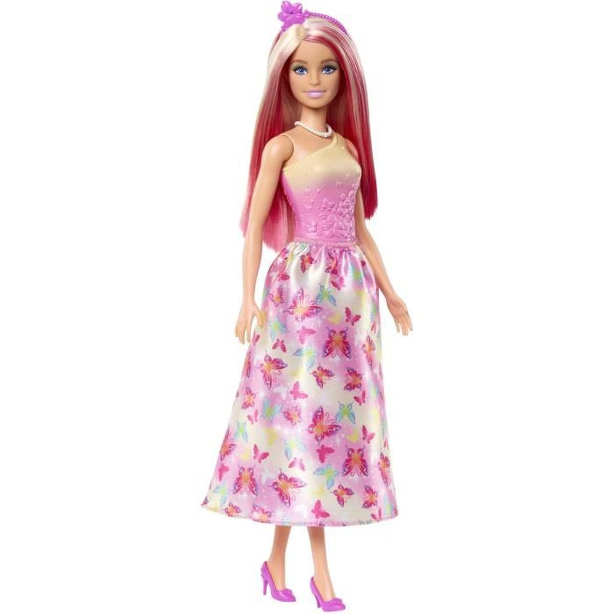 Barbie pop met lang roze-blond haar, parelketting en vlinderjurk.