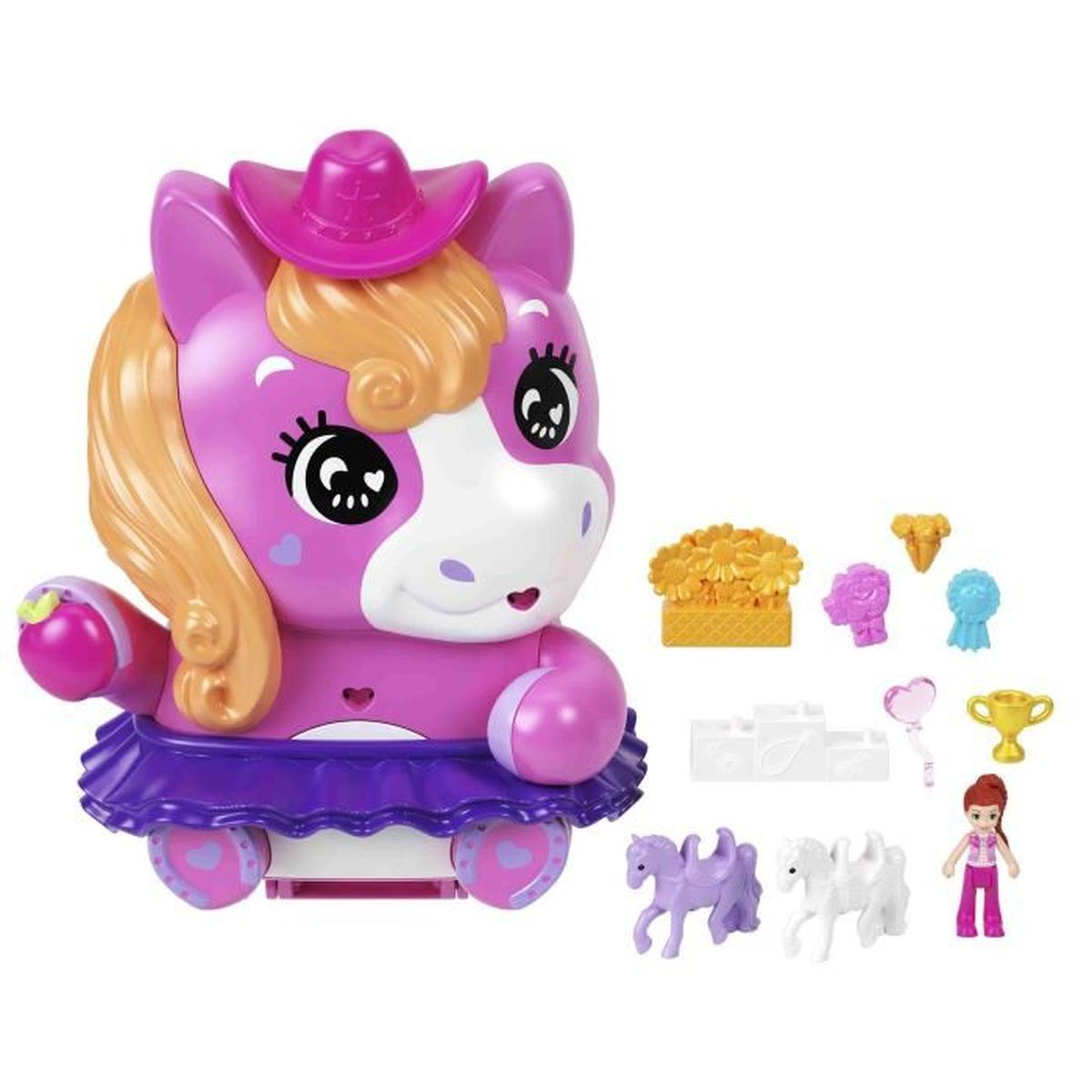 Ein lila Spielzeugpferd mit Cowboyhut, lila Rock und vielen Accessoires.