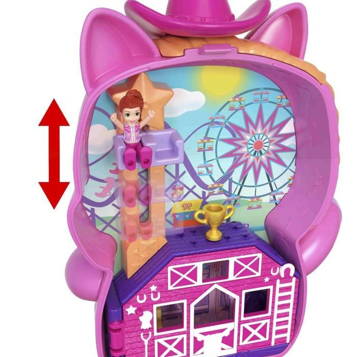 Pinkes Spielset mit Riesenrad, Scheune, Trophäe und Puppe auf Rutsche.