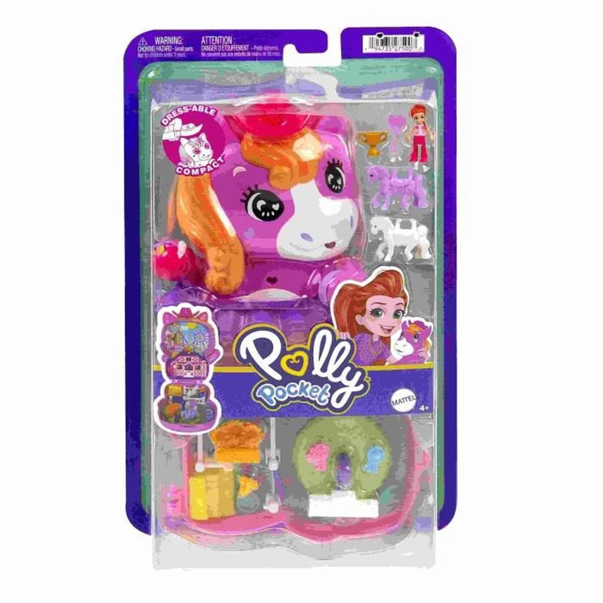 Polly Pocket Spielzeugpferd mit Zubehör in Verpackung.