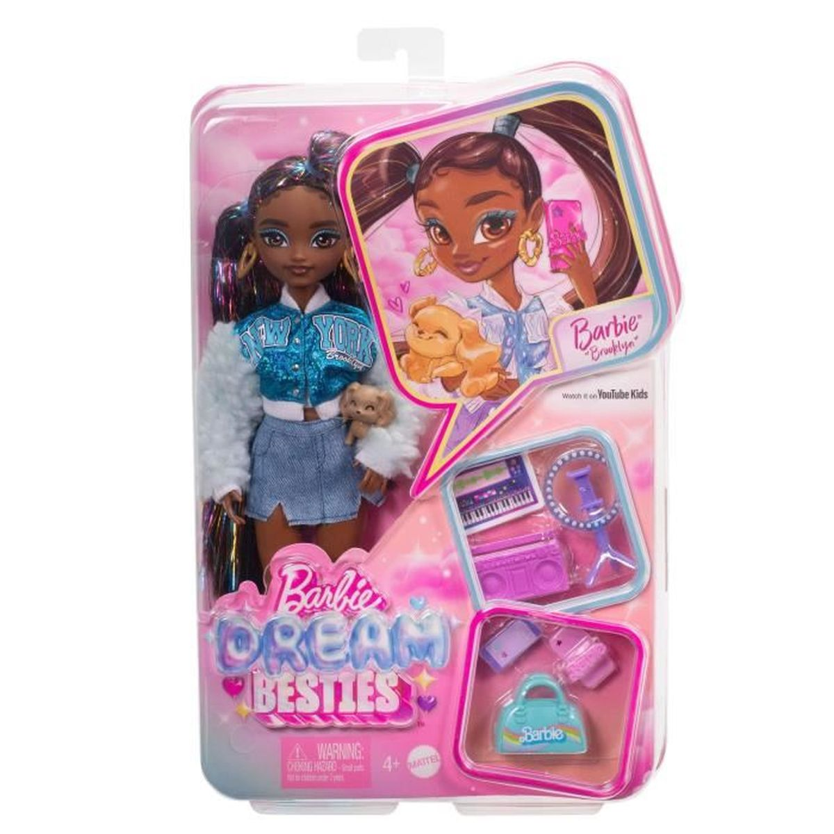 Barbie Dream Besties pop met hond en accessoires in roze verpakking.