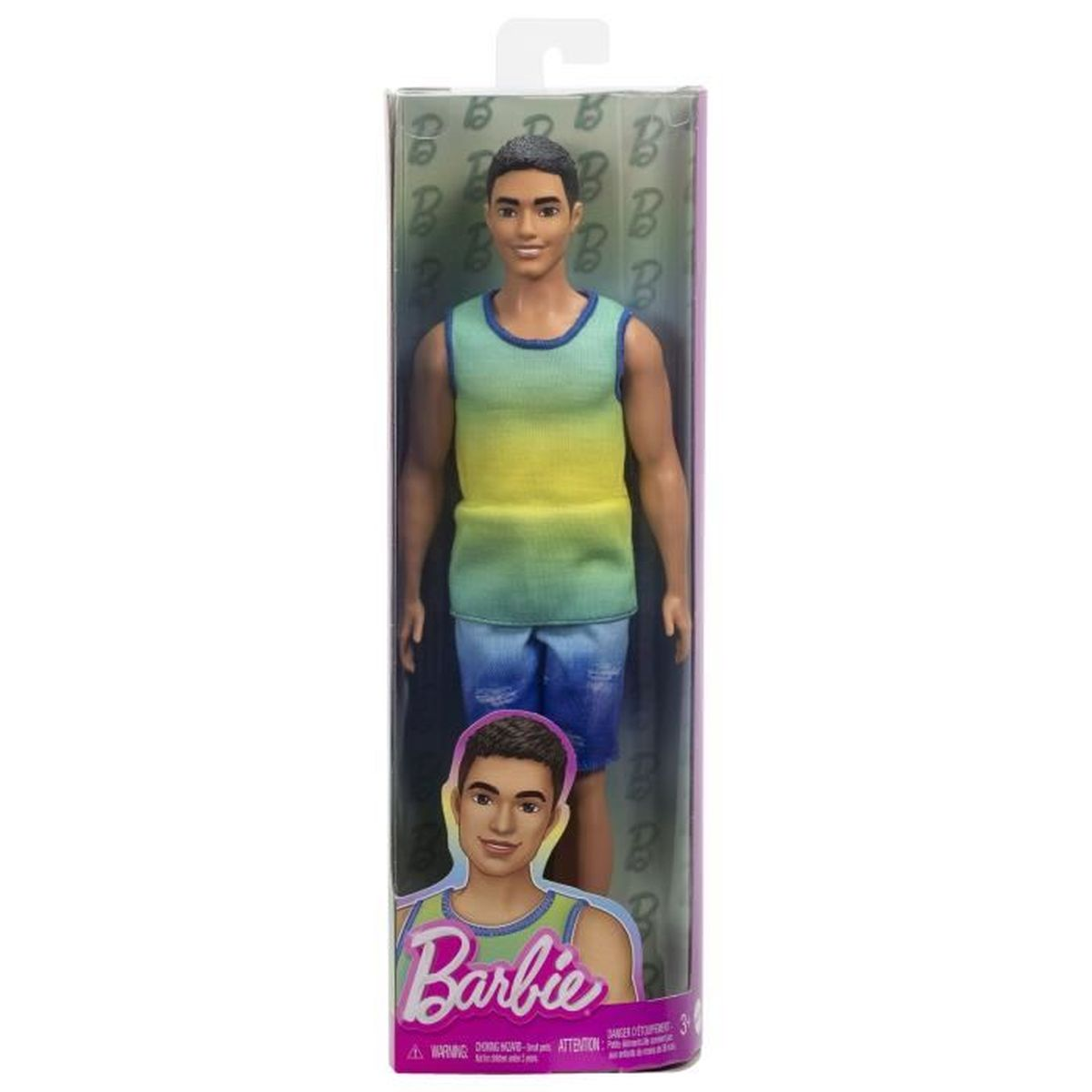 Barbie pop in doos met ombre tanktop en spijkerbroek shorts. Een kleinere afbeelding van de pop op de doos.