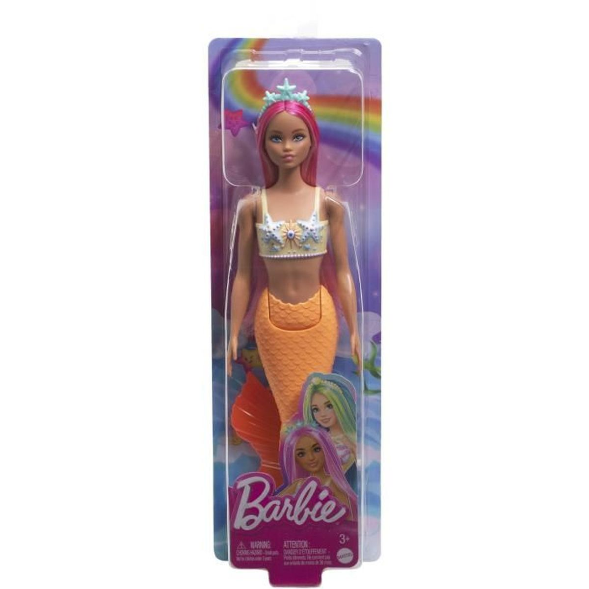 Barbie zeemeerminpop in verpakking met roze haar en oranje staart.