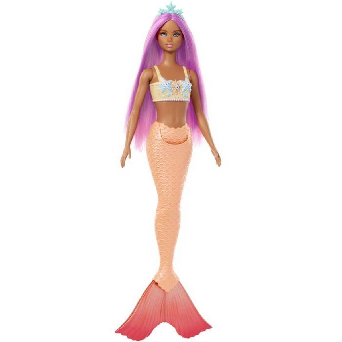 Een Barbiepop met paars haar, een geel topje en een oranje zeemeerminnenstaart.