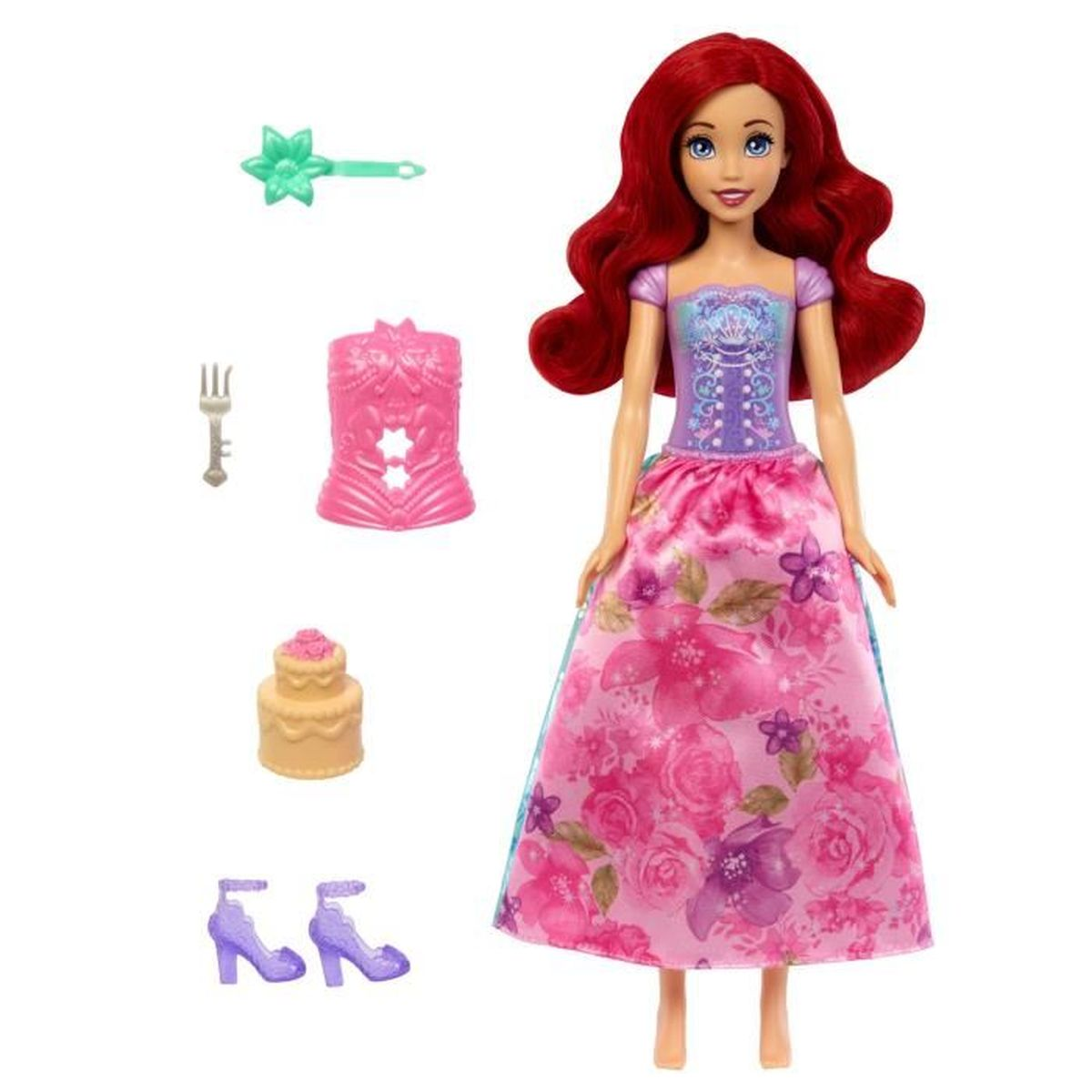Ariel-Puppe mit Kleid, Tiara, Gabel, Korsage, Kuchen und Schuhen.
