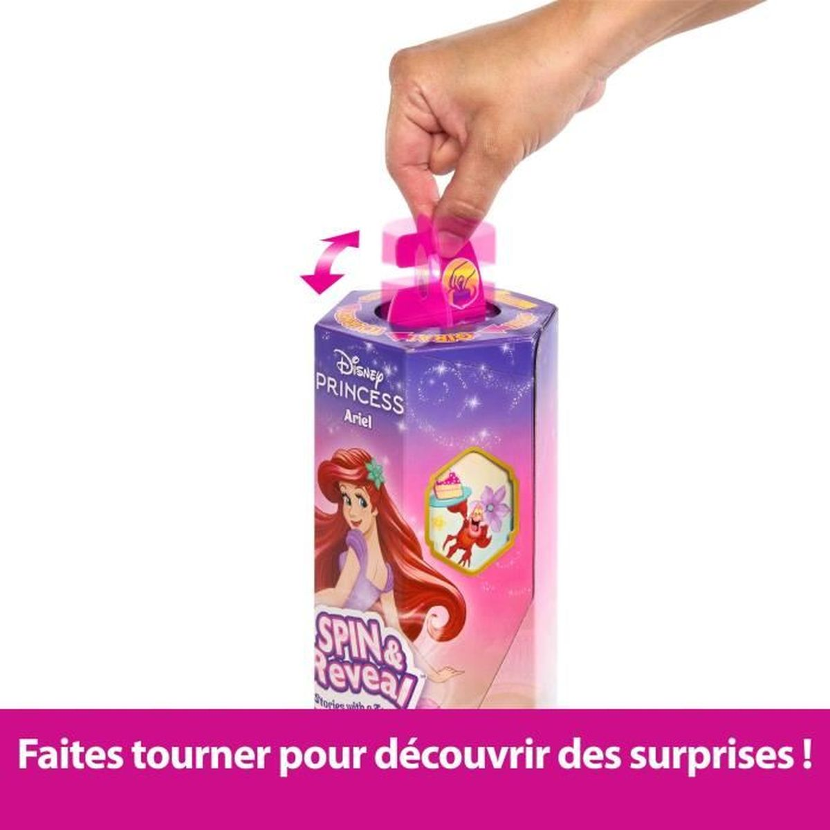 Ariel-Spielzeugbox mit einer Hand, die den Drehmechanismus bedient.
