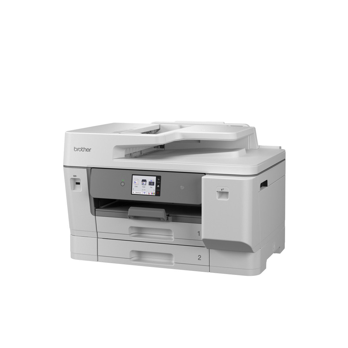 Una stampante Brother bianca con due cassetti carta e display touchscreen.
