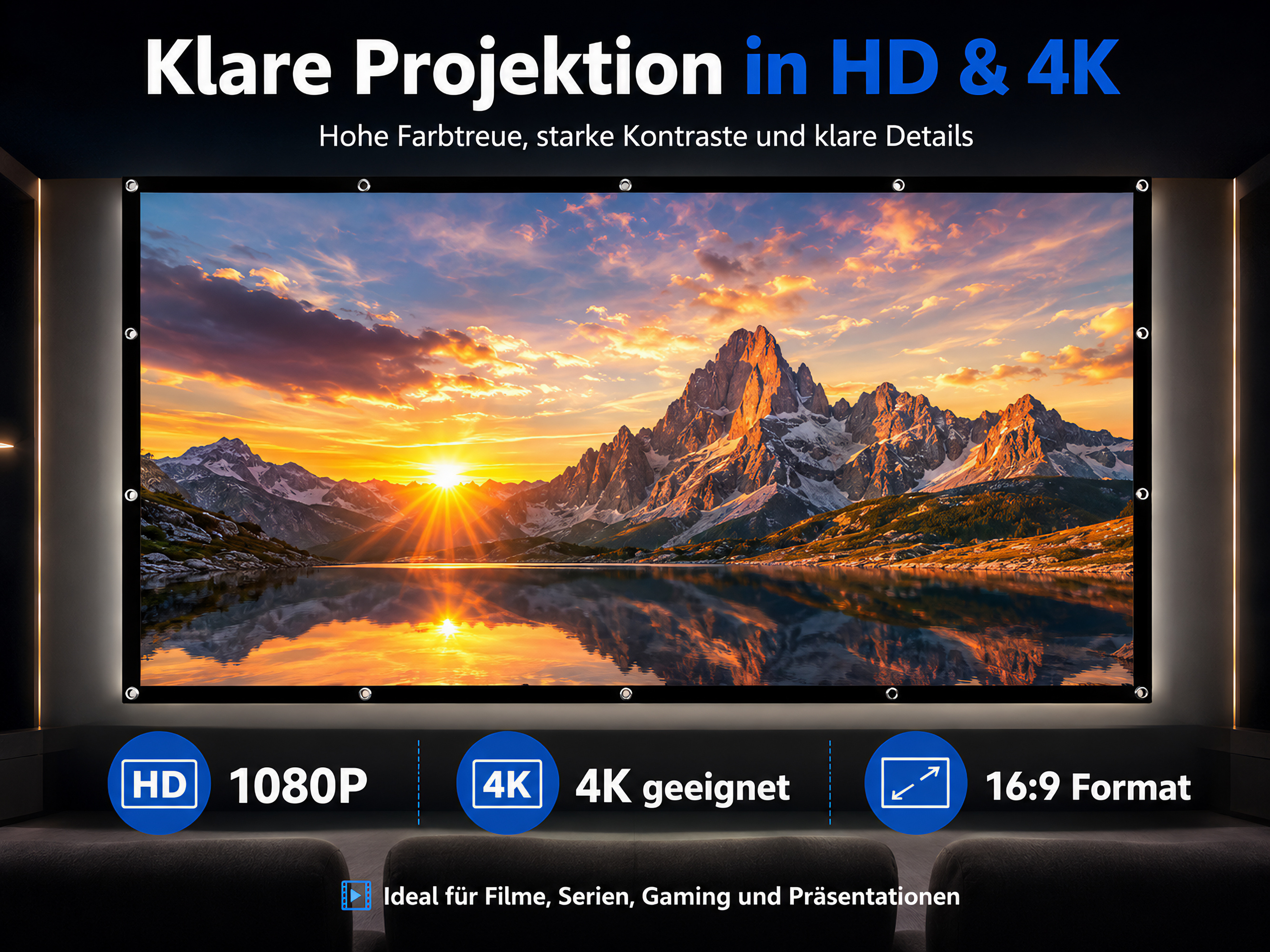 Eine Projektionsleinwand zeigt einen lebhaften Sonnenuntergang über einem Bergsee, mit Text über HD/4K-Projektion.