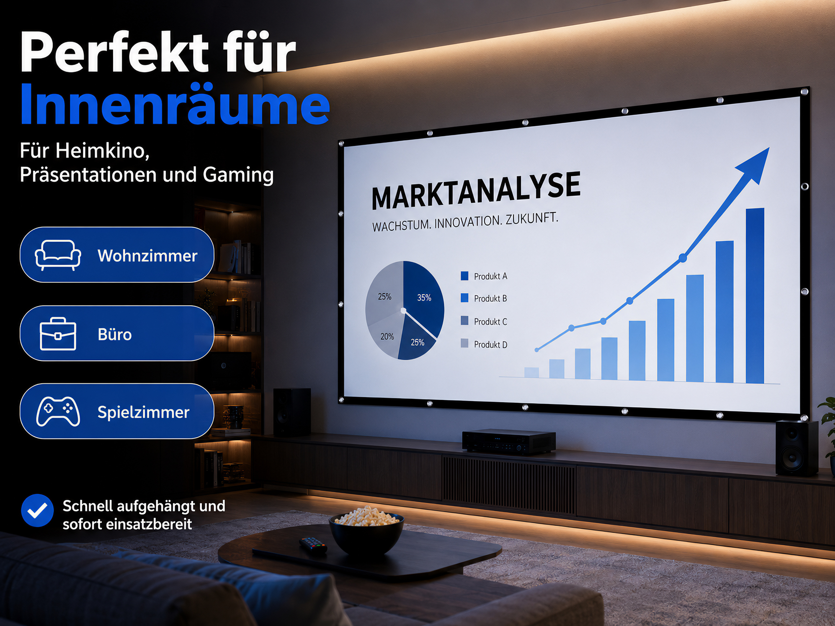 Projektionsleinwand mit Marktanalyse-Diagramm in einem modernen Wohnzimmer.