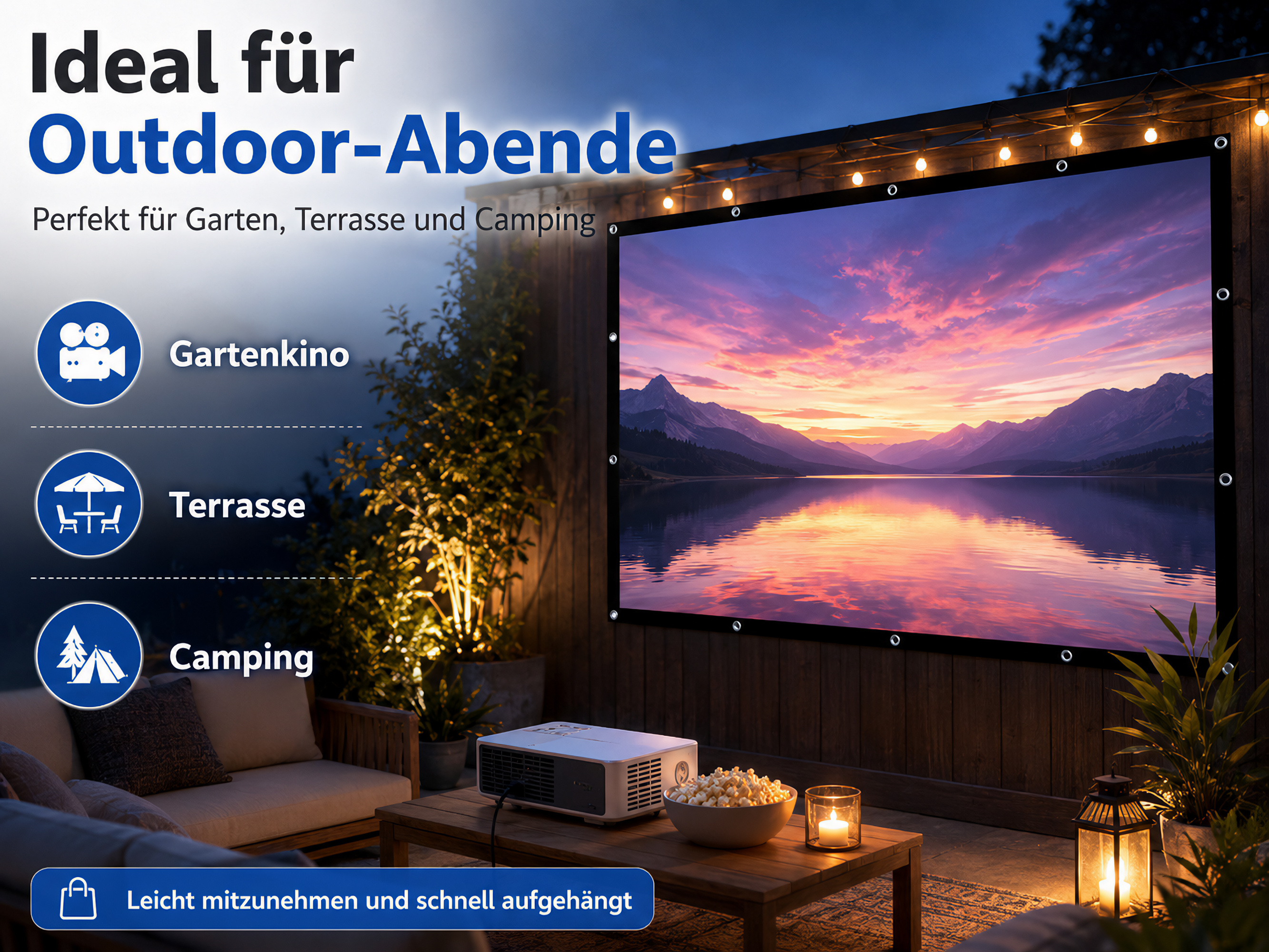 Gemütlicher Abend mit Projektor, Popcorn und Leinwand bei Sonnenuntergang.