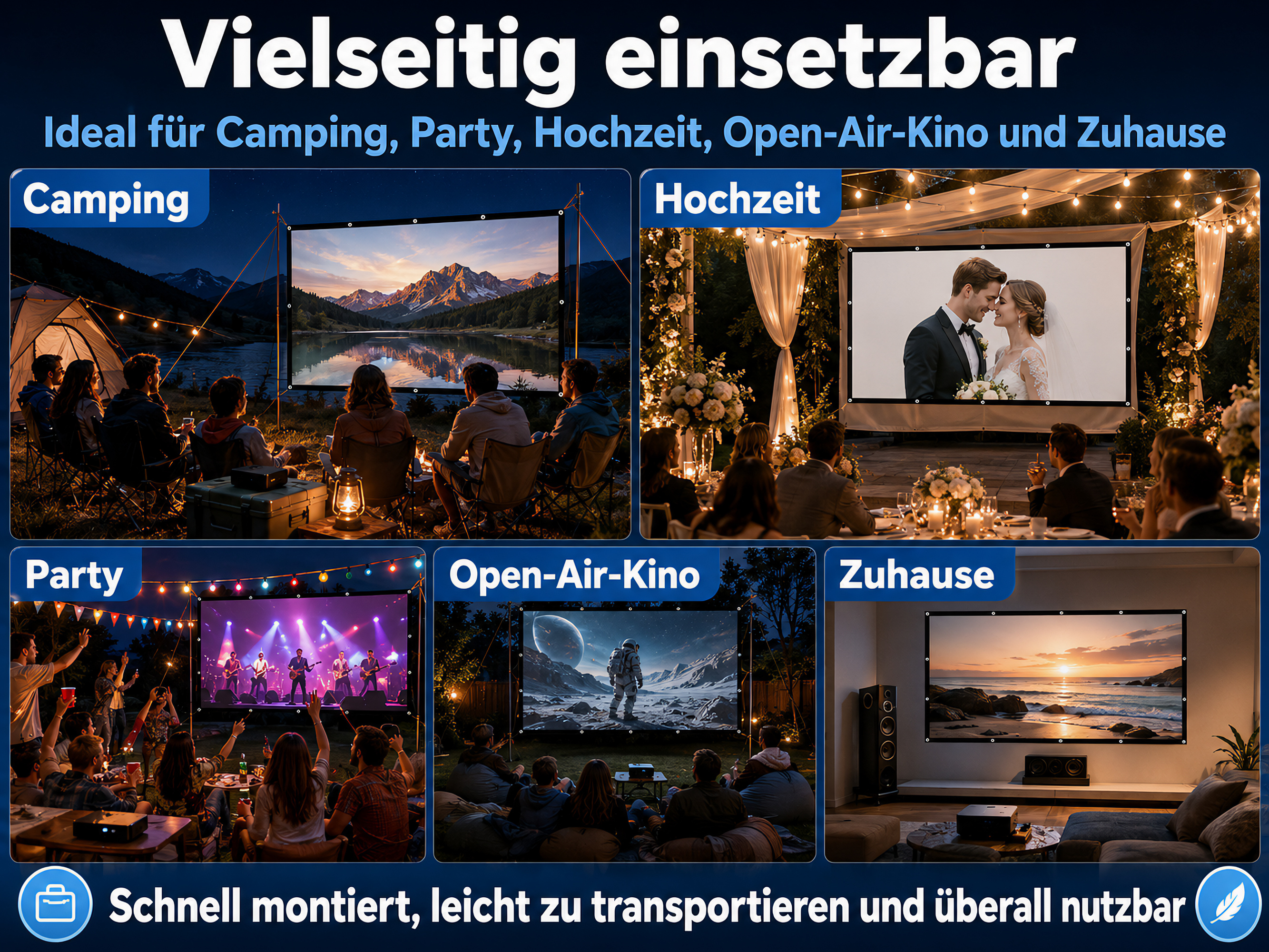 Ein Projektorbildschirm wird für Camping, Hochzeiten, Partys, Open-Air-Kinos und Zuhause gezeigt.