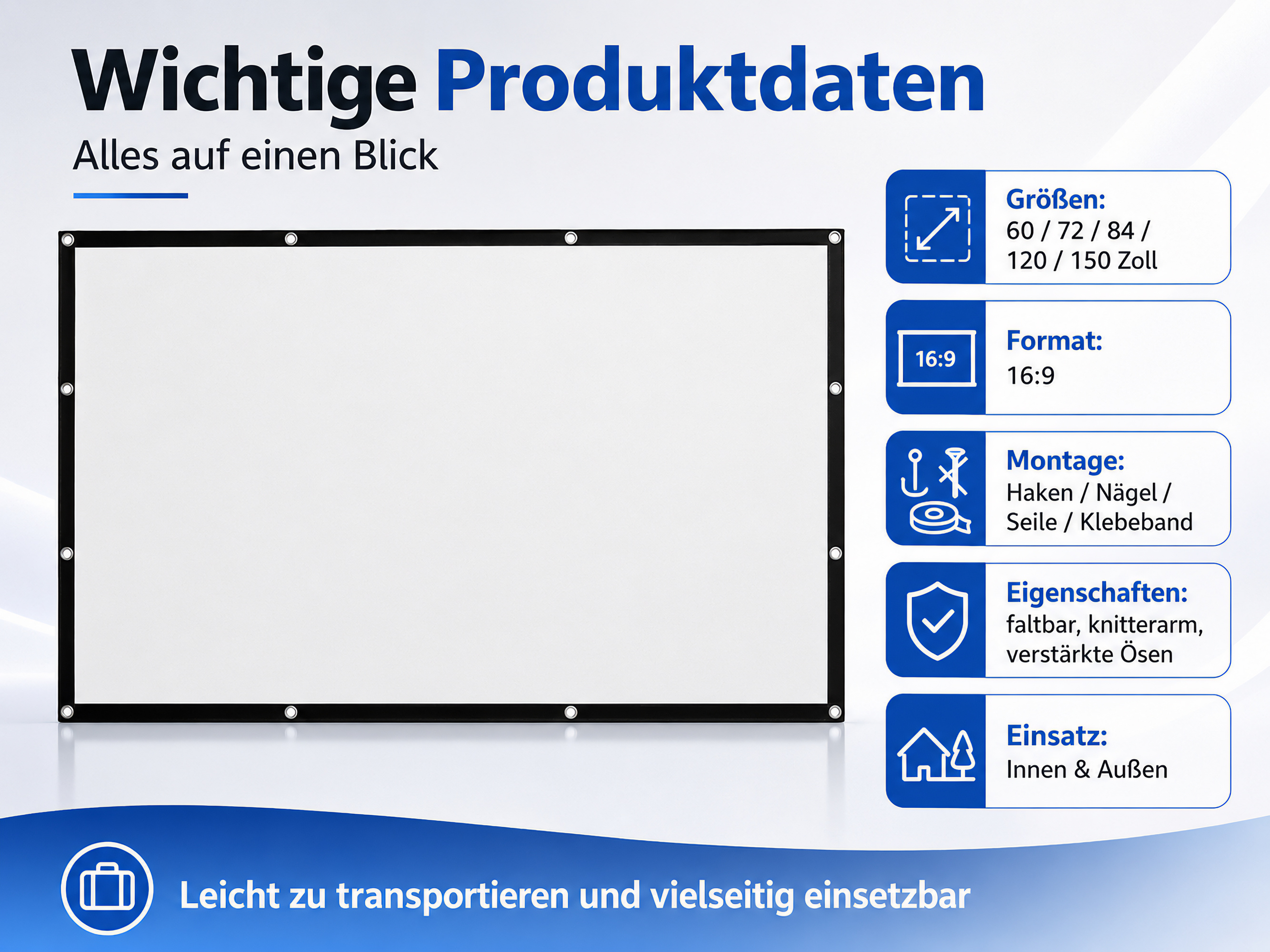 Leinwand mit Daten: Größe, Format, Montage, Eigenschaften, Einsatz.